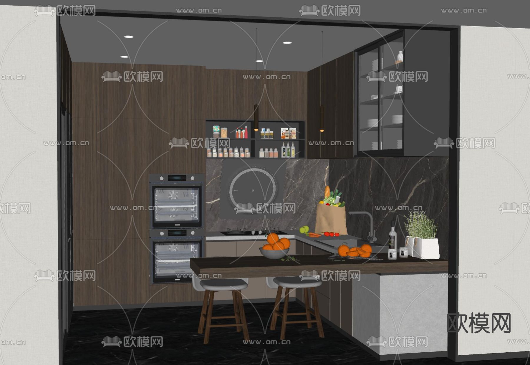 现代中岛厨房su模型
