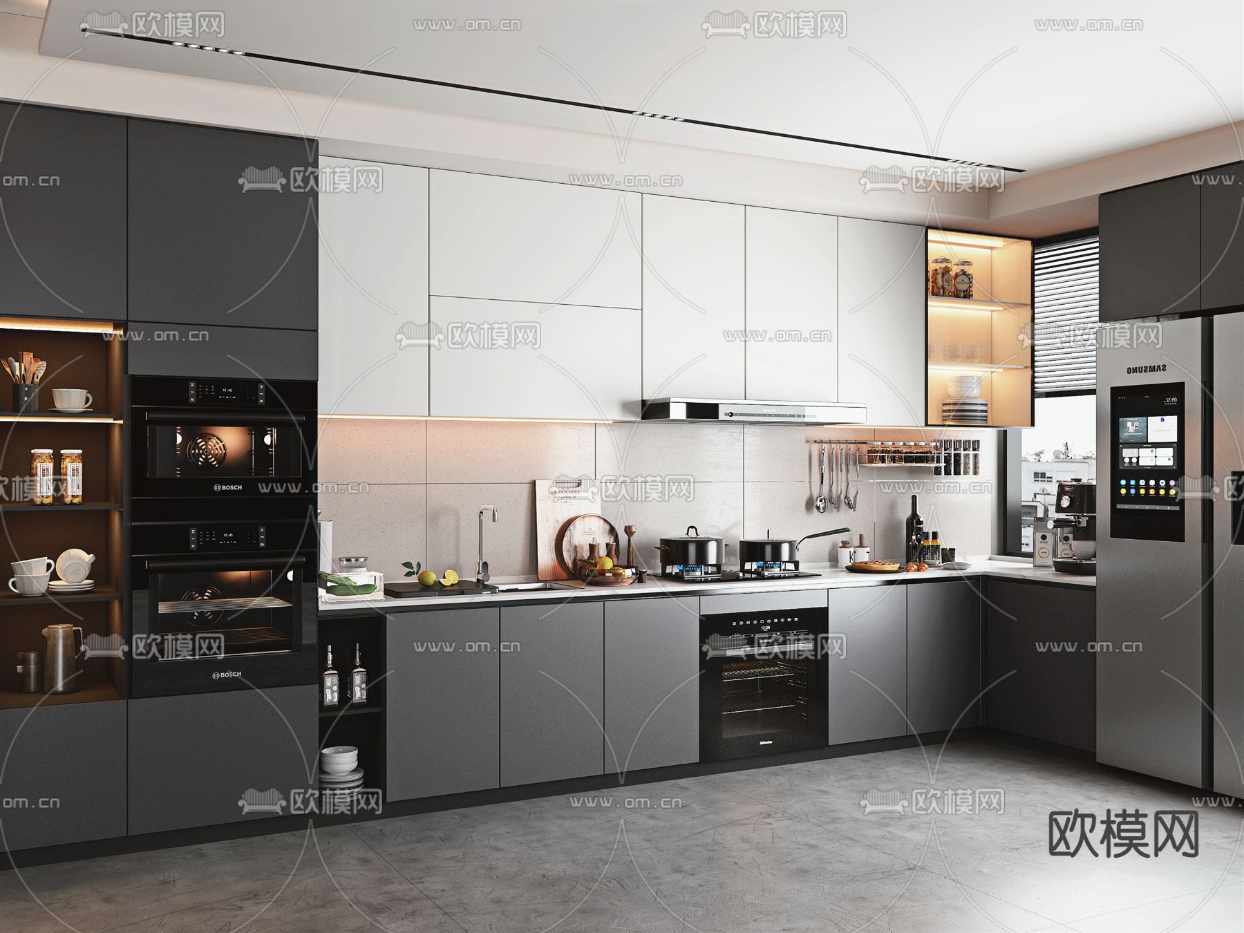 高级灰厨房 橱柜3d模型下载（渲染图2）