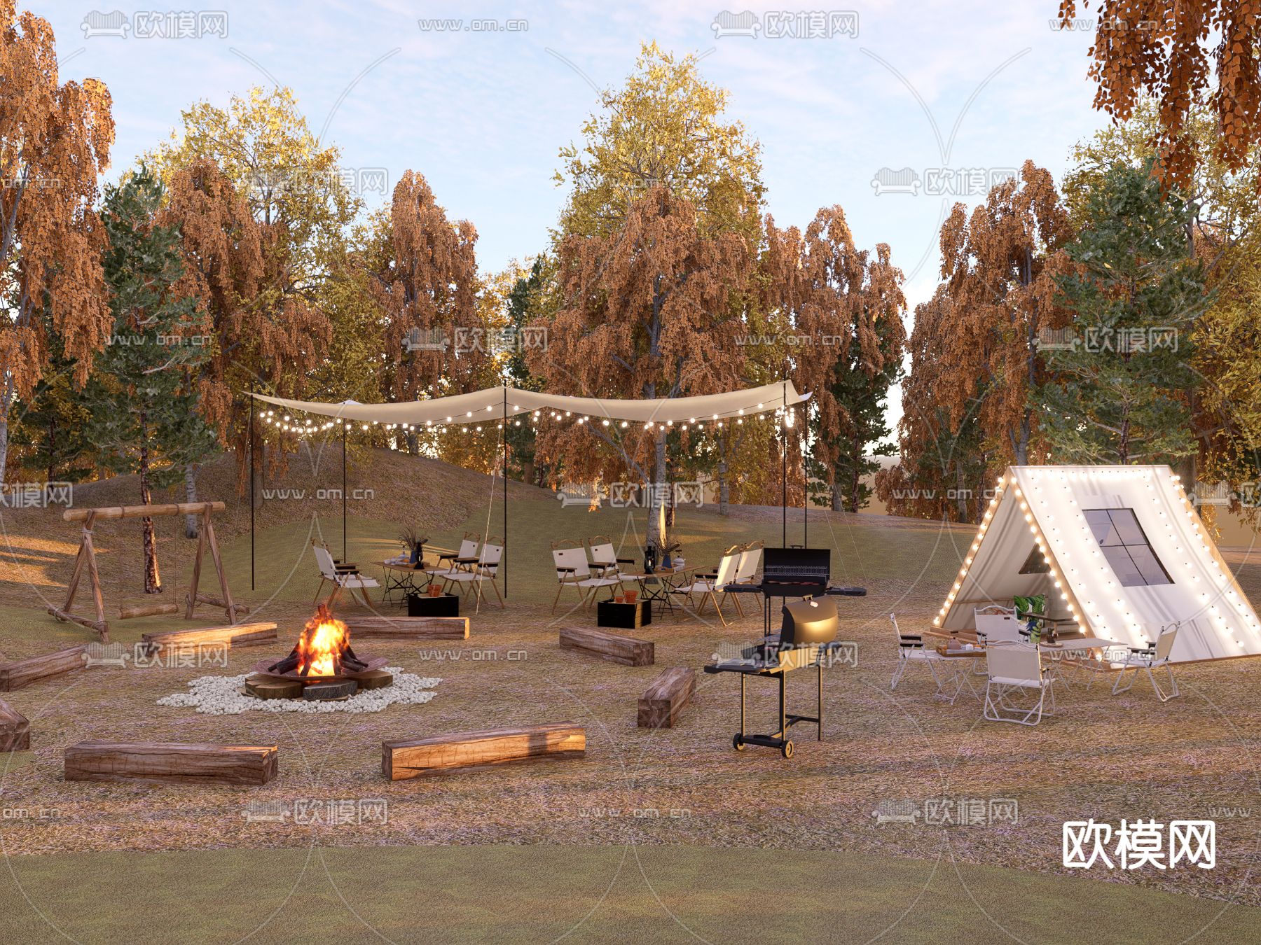露营地 篝火晚会su模型