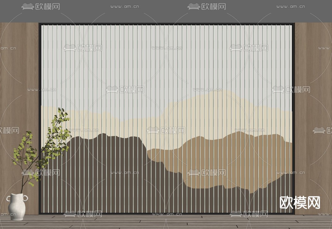 新中式山水格栅背景墙su模型下载_ID14117702_sketchup模型下载-欧模网