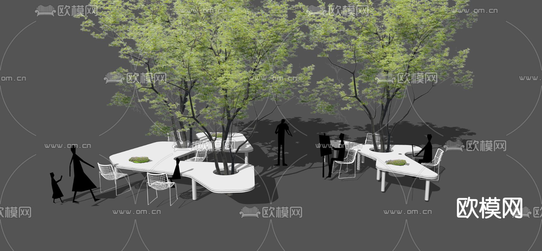 现代户外树池公用桌椅su模型下载（渲染图1）
