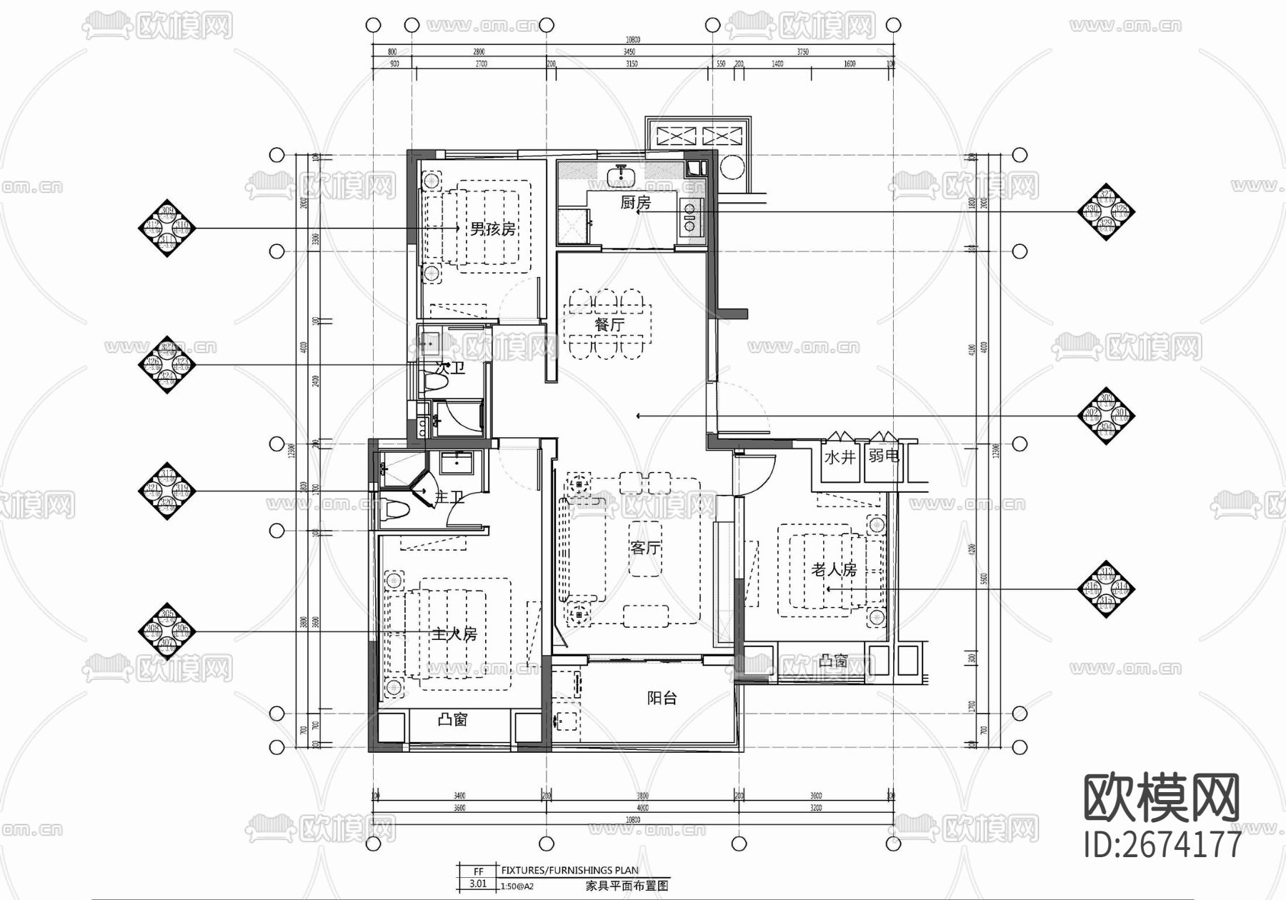 100㎡三居室家装样板间CAD施工图下载（渲染图1）