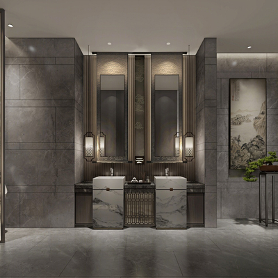  新中式公共卫生间su模型 