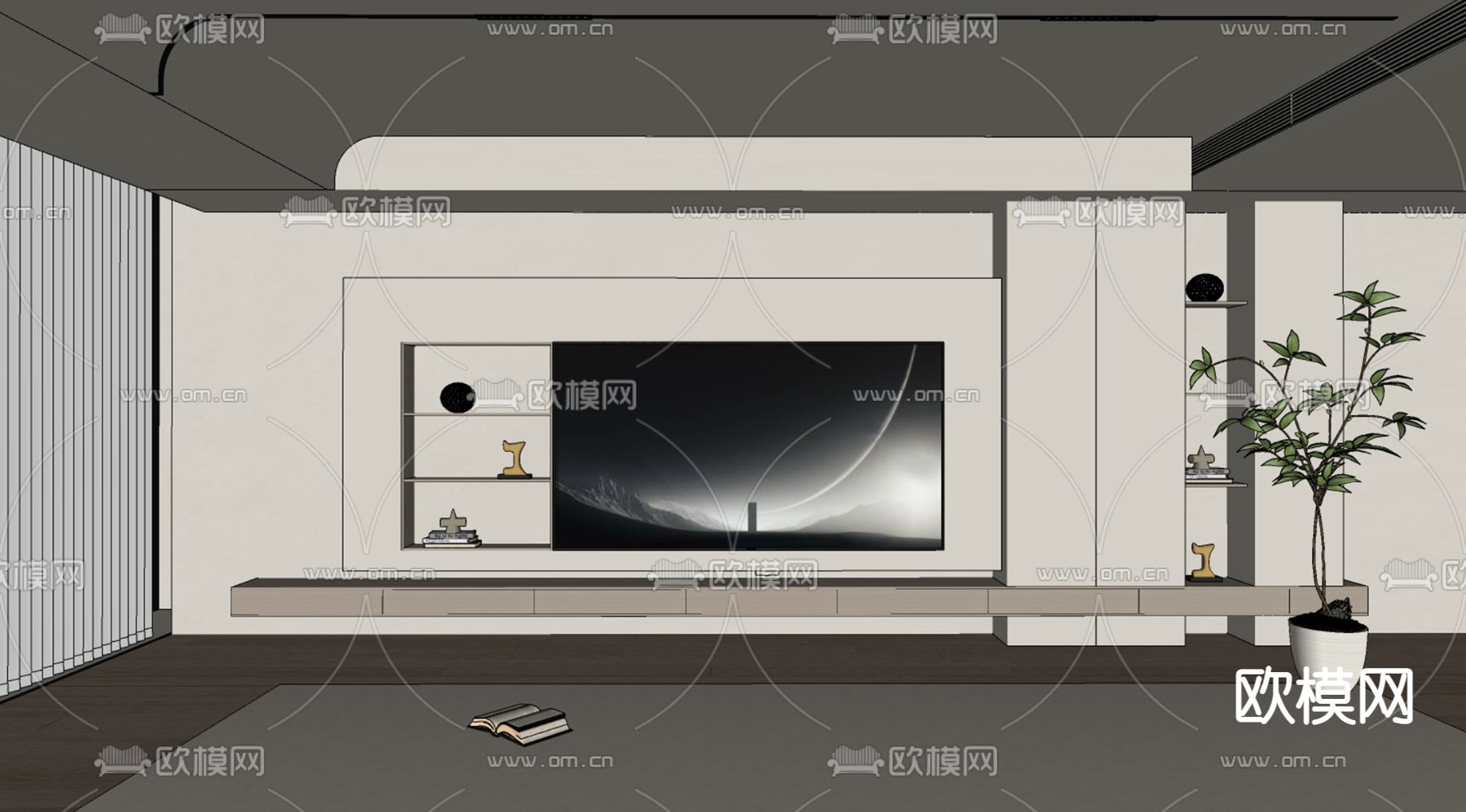 奶油电视背景su模型下载（渲染图2）