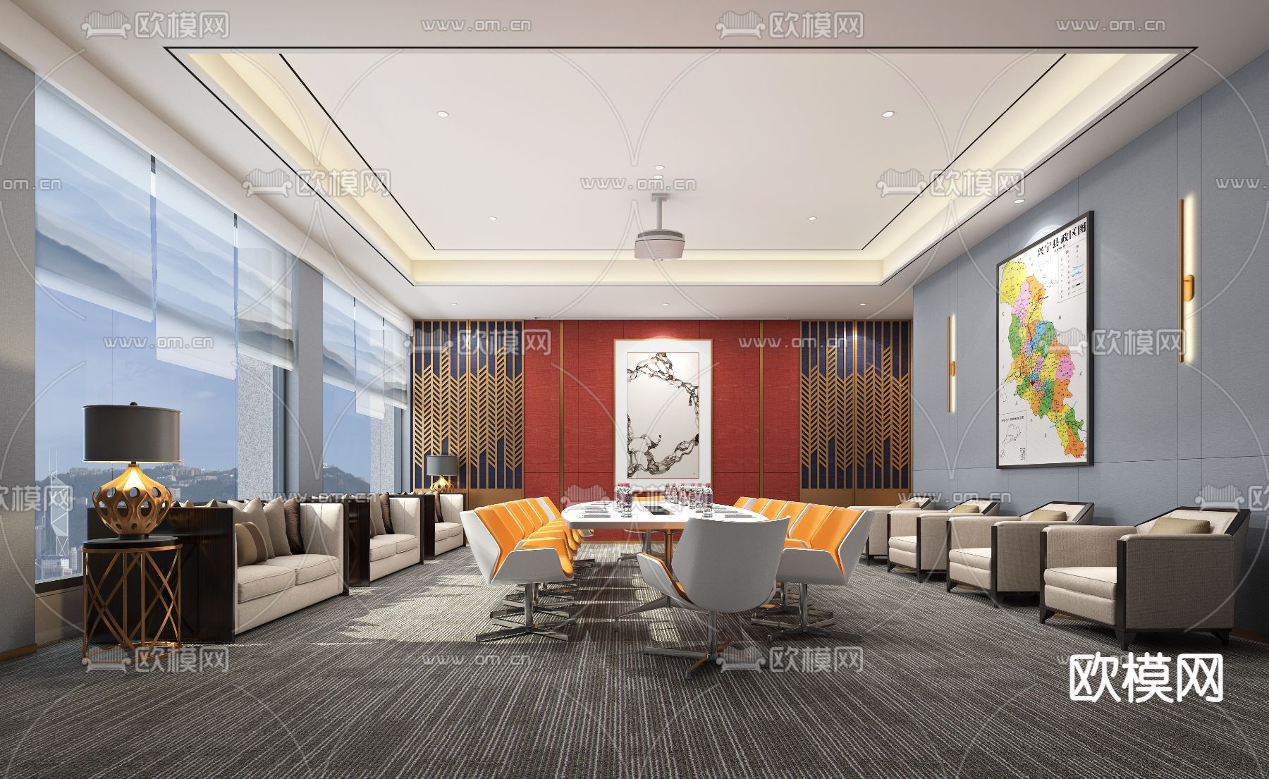 新中式接待室 酒店会议室su模型下载（渲染图1）