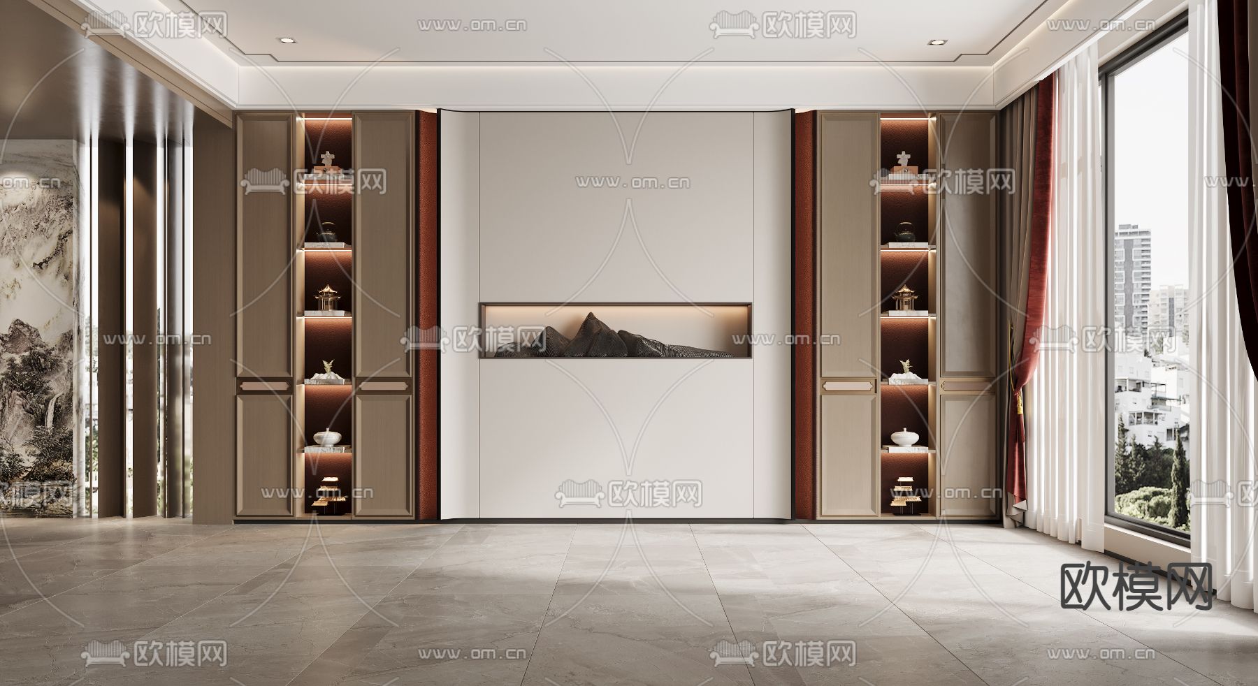 新中式背景墙 装饰柜3d模型下载