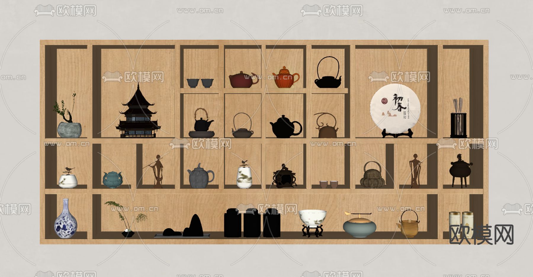 新中式壁柜 茶具 茶罐su模型下载（渲染图3）