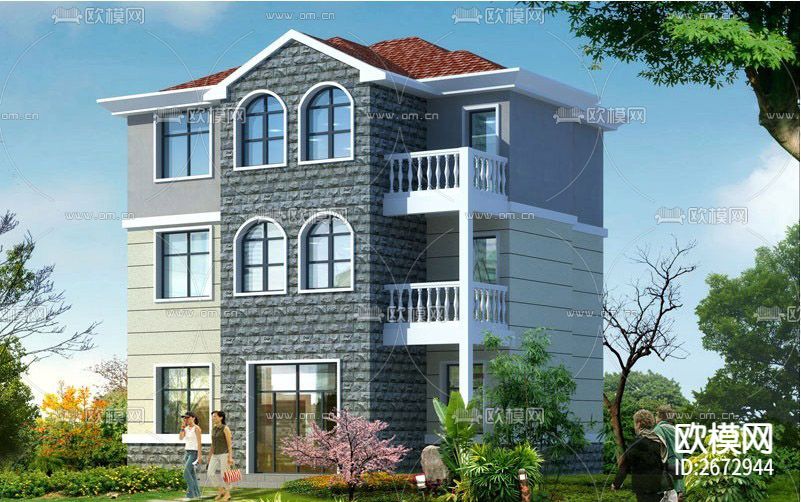 欧式简约别墅设计cad施工图下载（渲染图1）