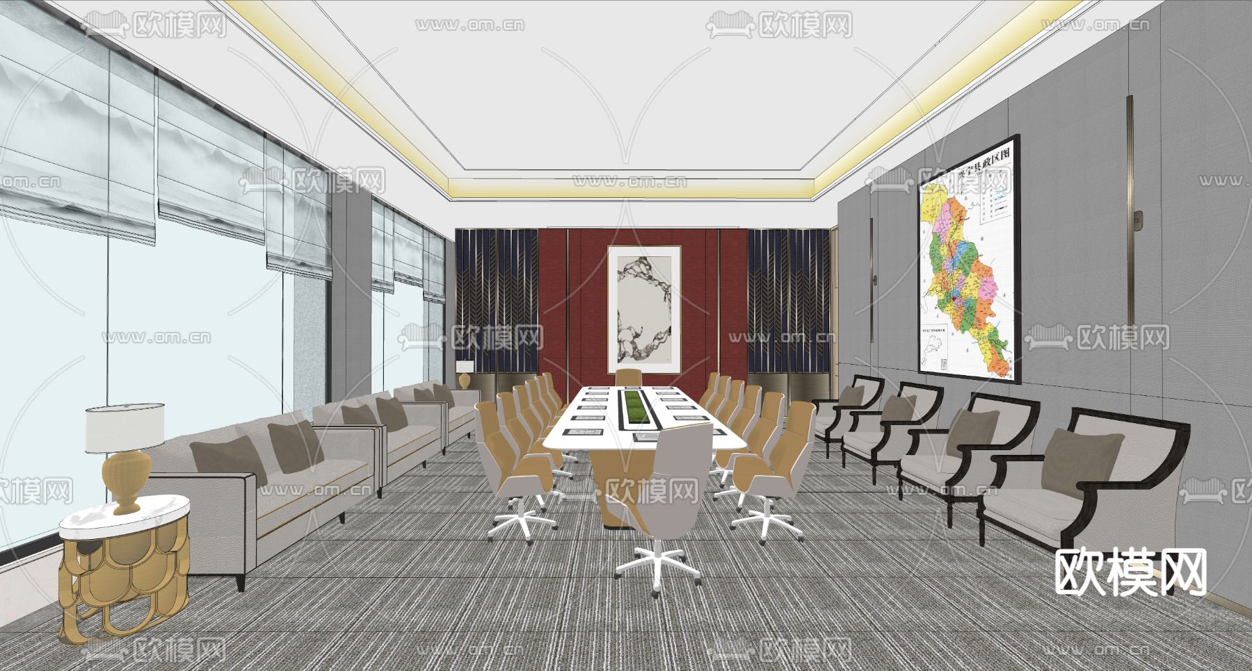 新中式接待室 酒店会议室su模型下载（渲染图2）