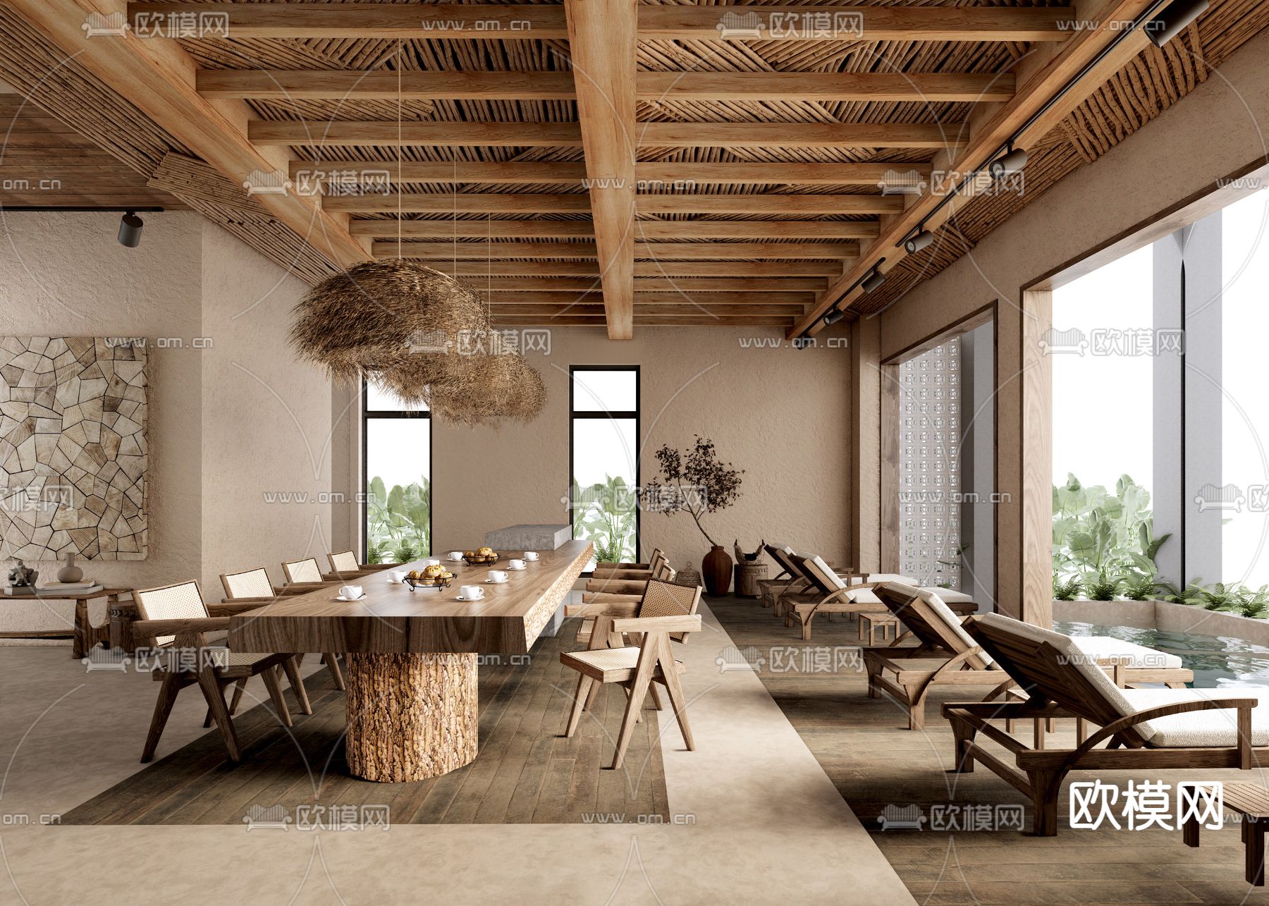 侘寂风民宿餐厅su模型下载（渲染图1）