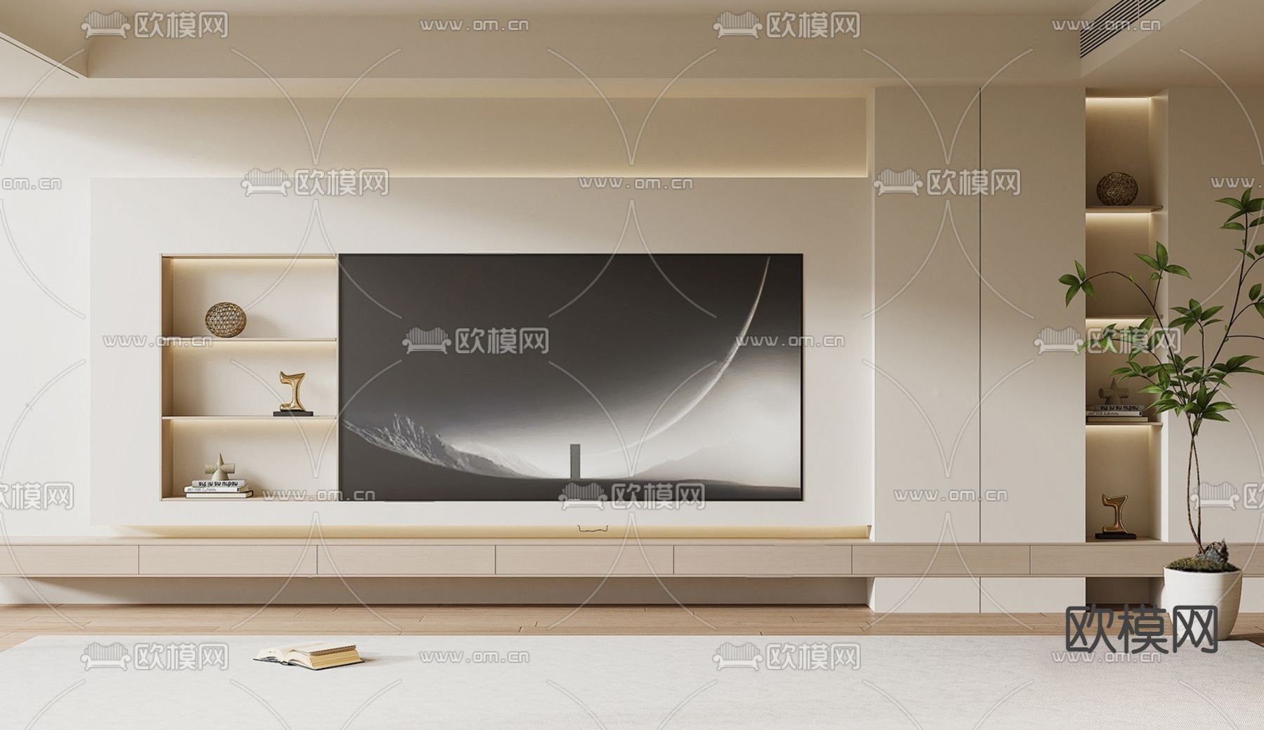 奶油电视背景su模型下载（渲染图1）