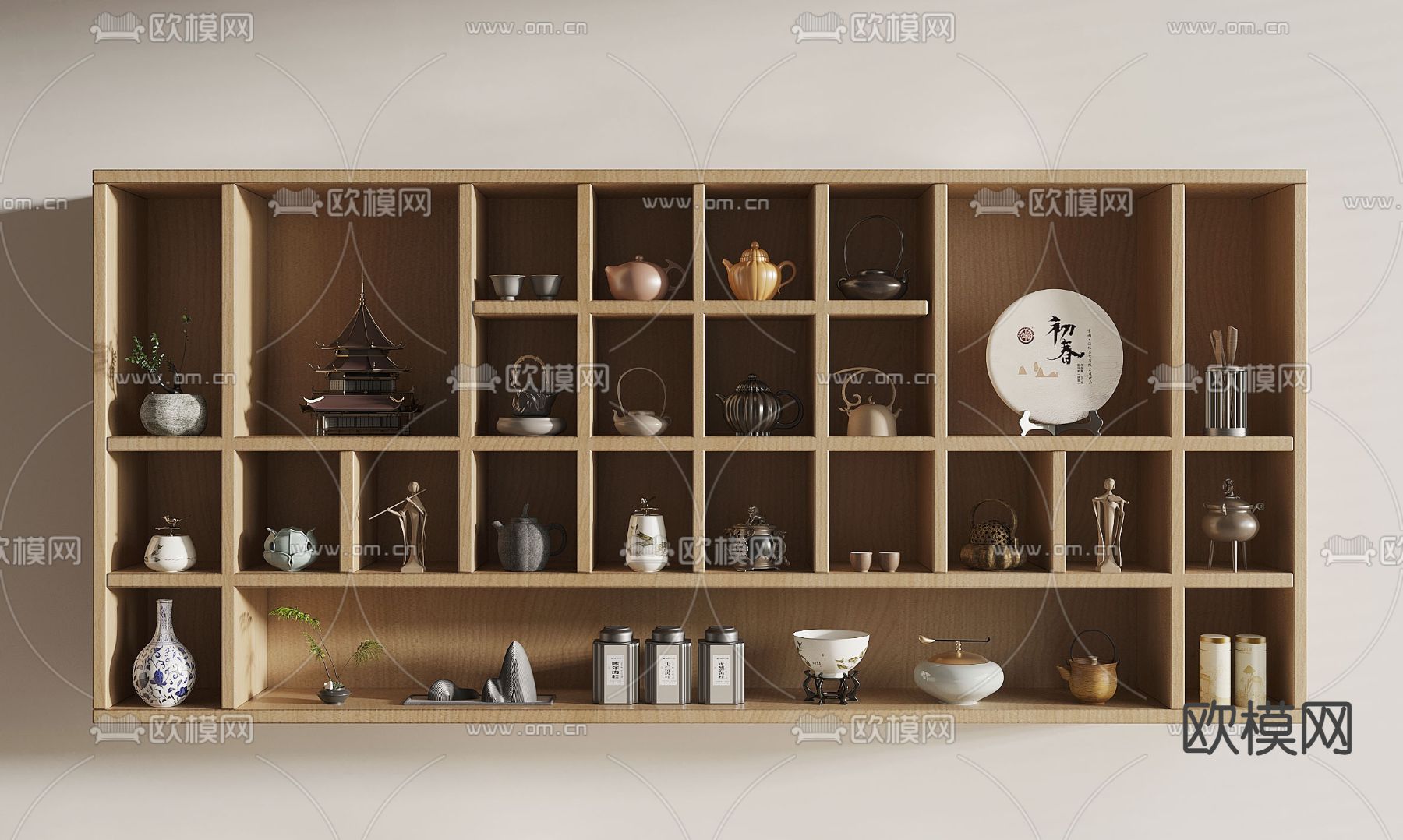 新中式壁柜 茶具 茶罐su模型下载（渲染图1）