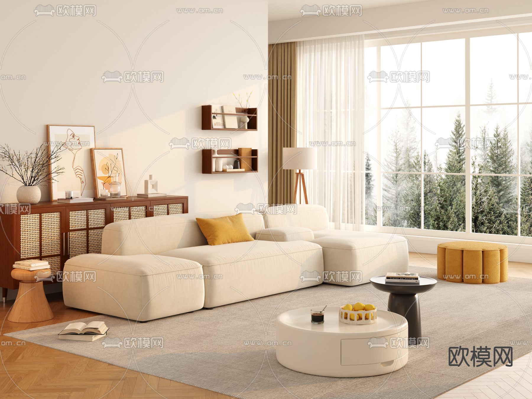 奶油风沙发 组合沙发3d模型下载