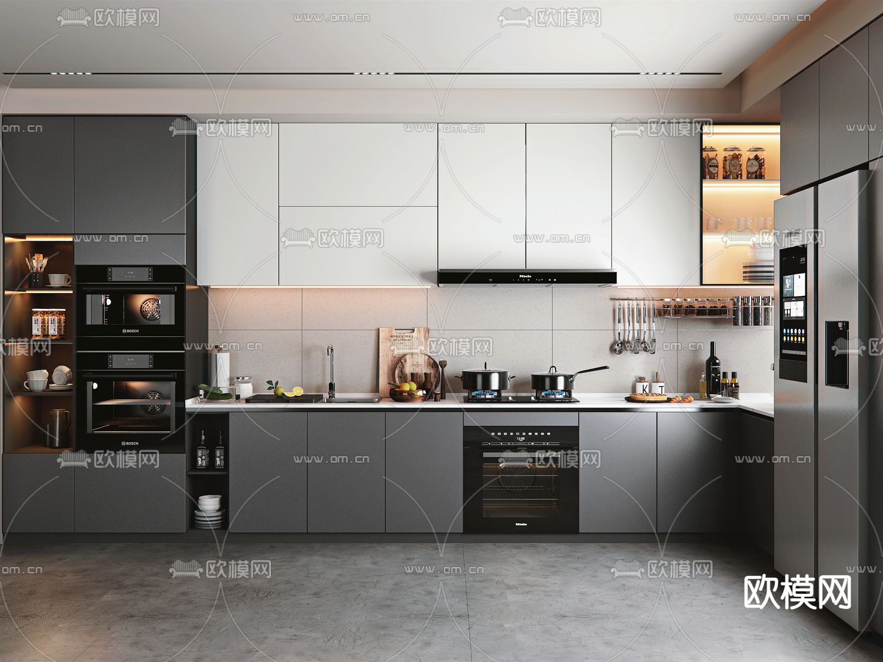 高级灰厨房 橱柜3d模型下载（渲染图1）