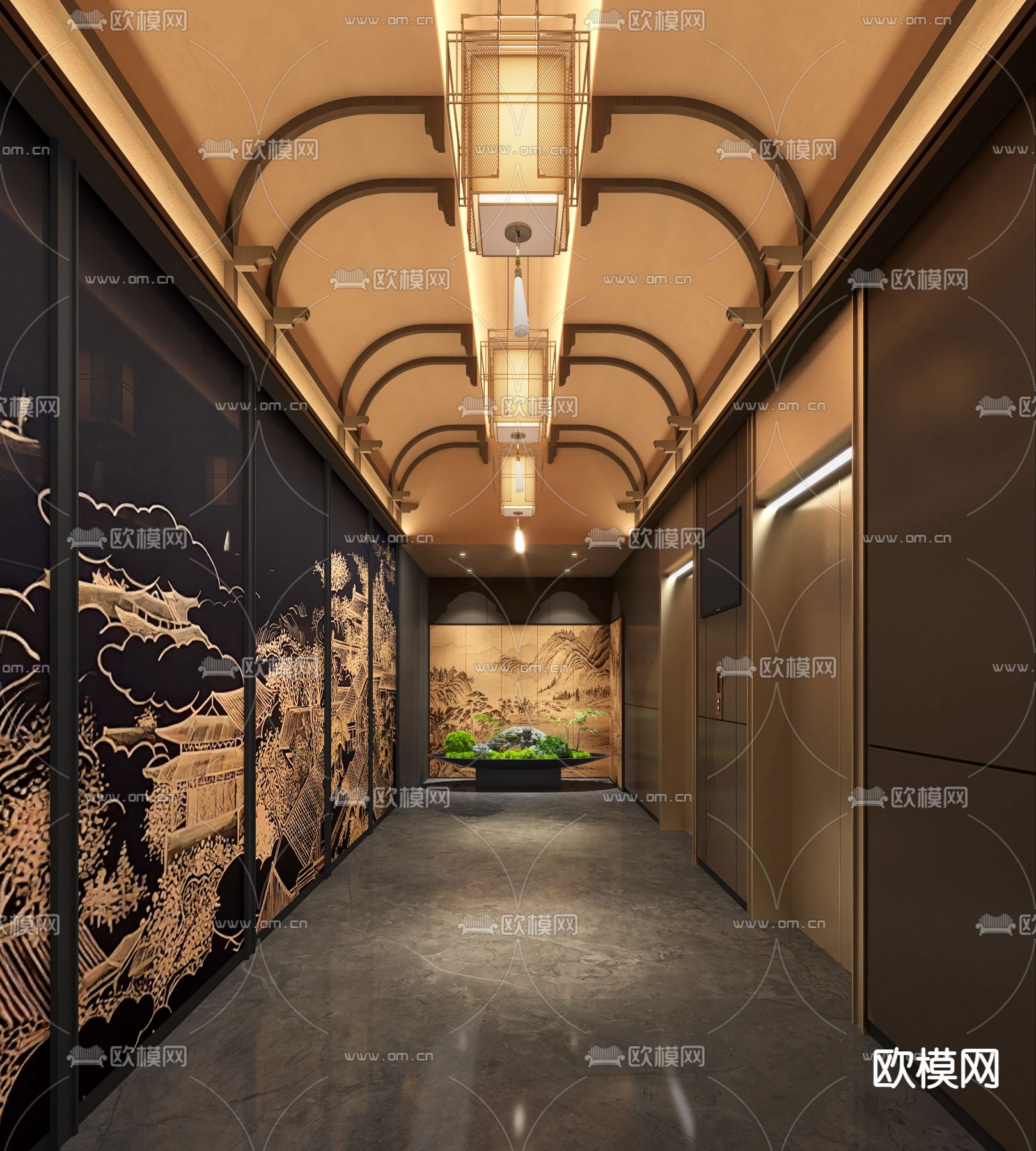 新中式电梯厅 过道su模型下载（渲染图1）