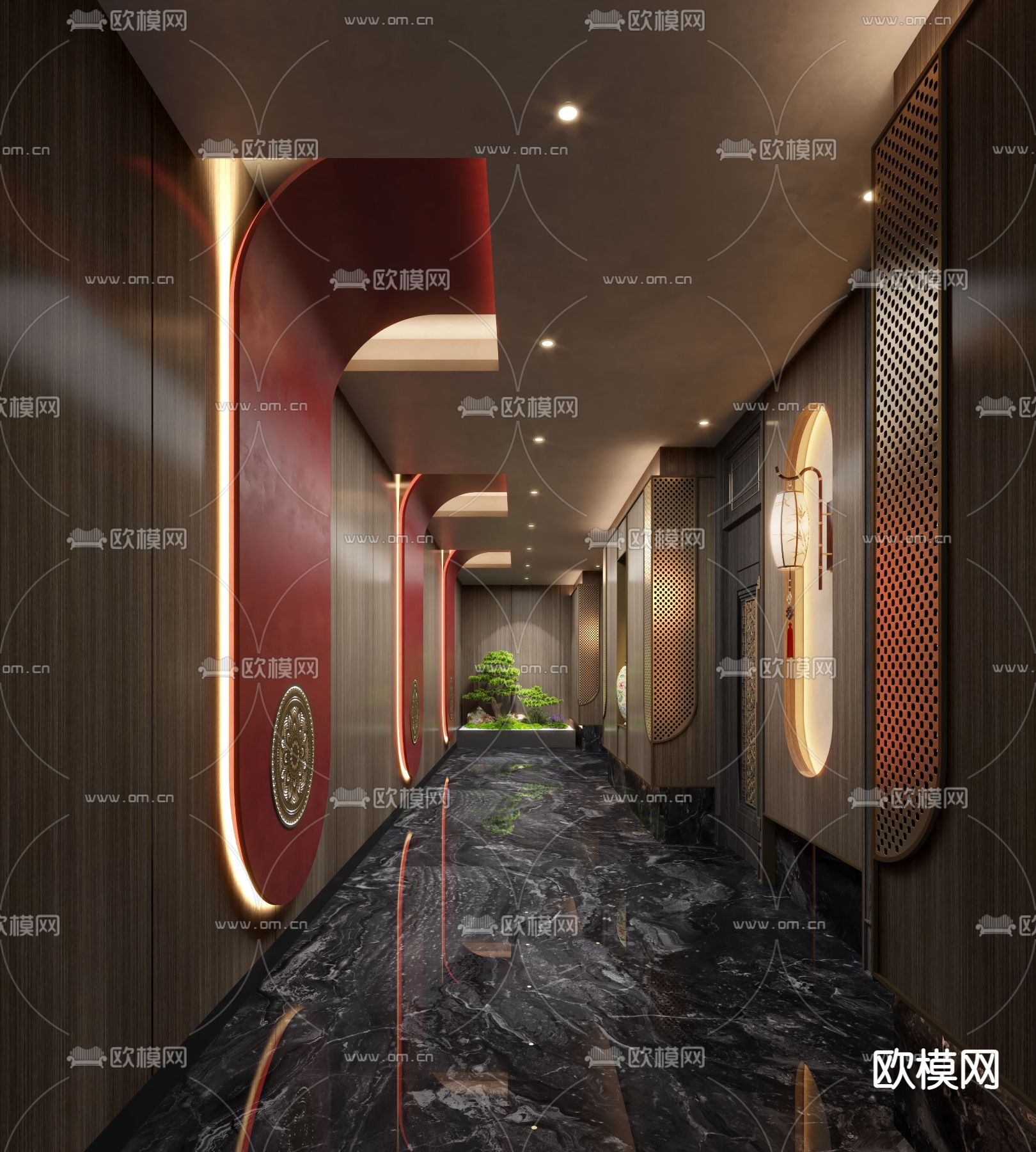 新中式会所 走廊 过道su模型下载（渲染图1）