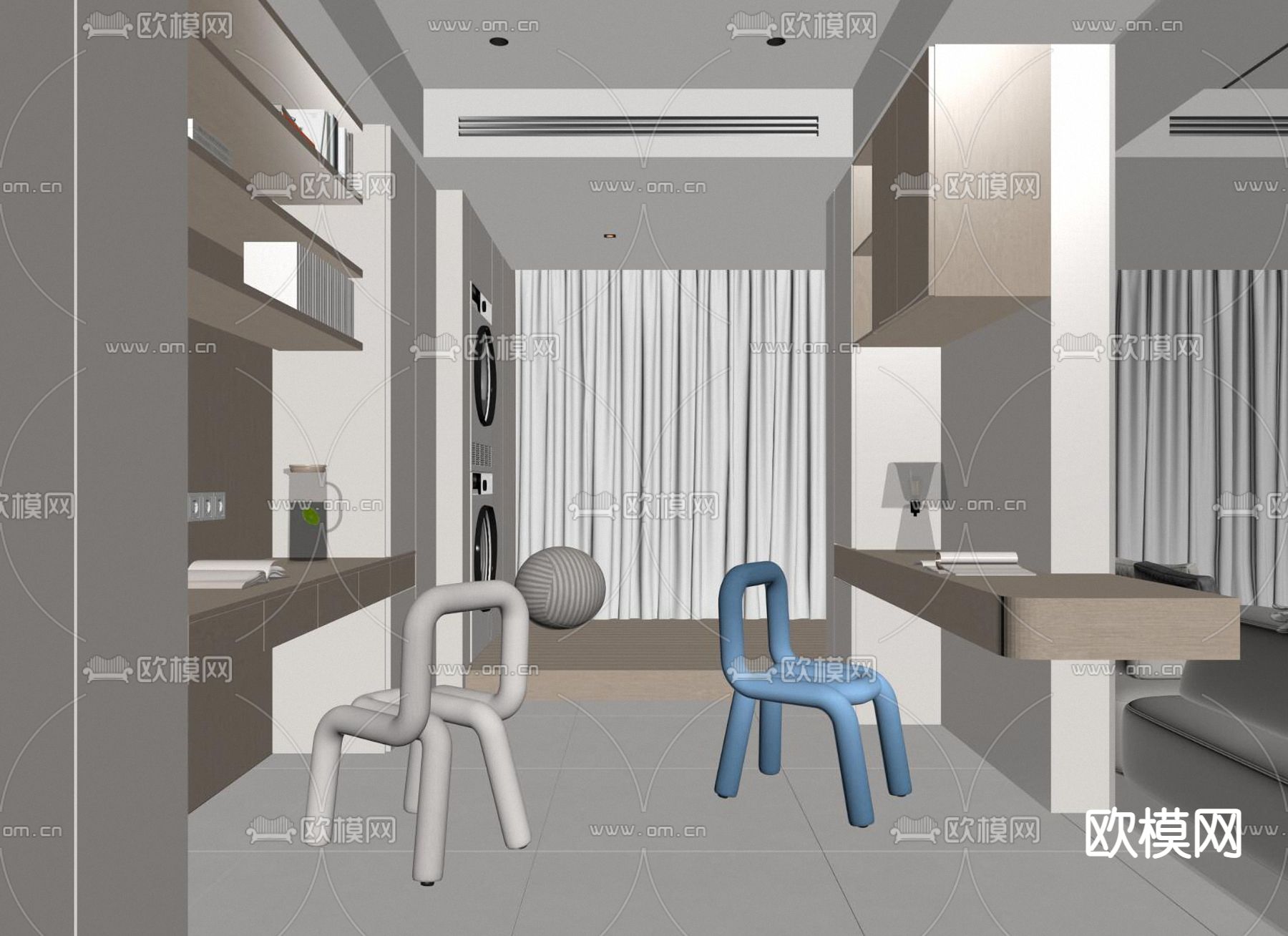 奶油风书房su模型下载（渲染图2）