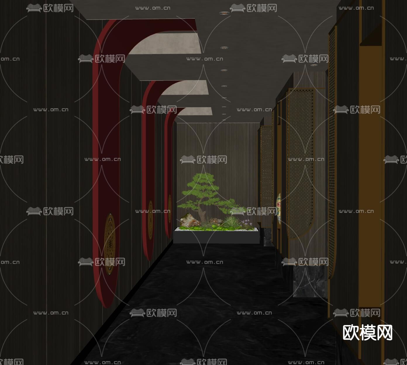 新中式会所 走廊 过道su模型下载（渲染图2）