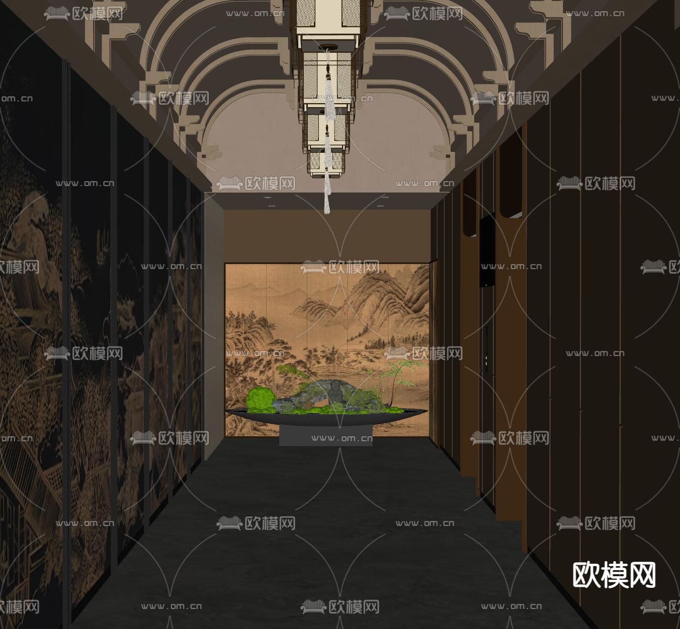 新中式电梯厅 过道su模型下载（渲染图2）
