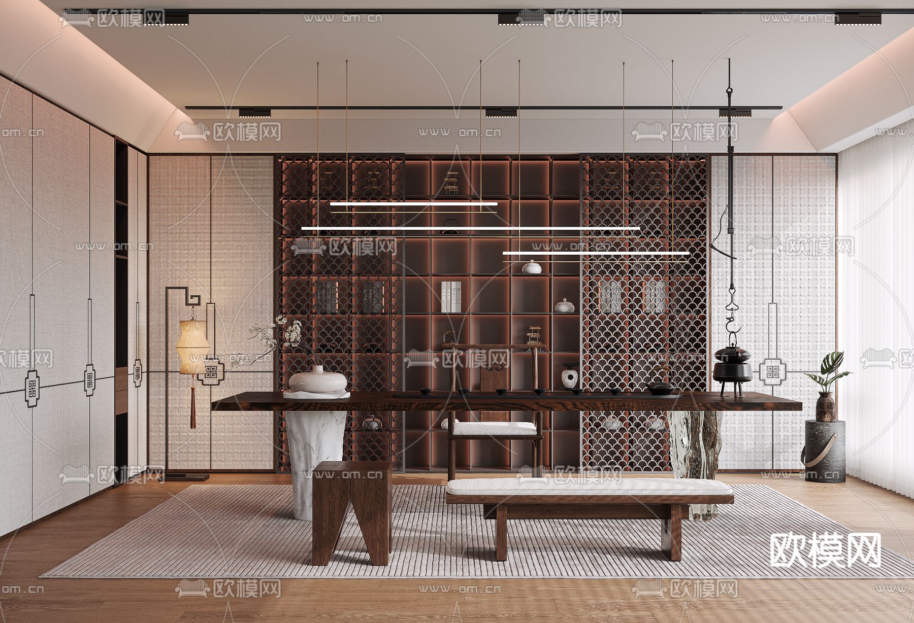 新中式茶室3d模型下载_ID14117580_3dmax免费模型-欧模网