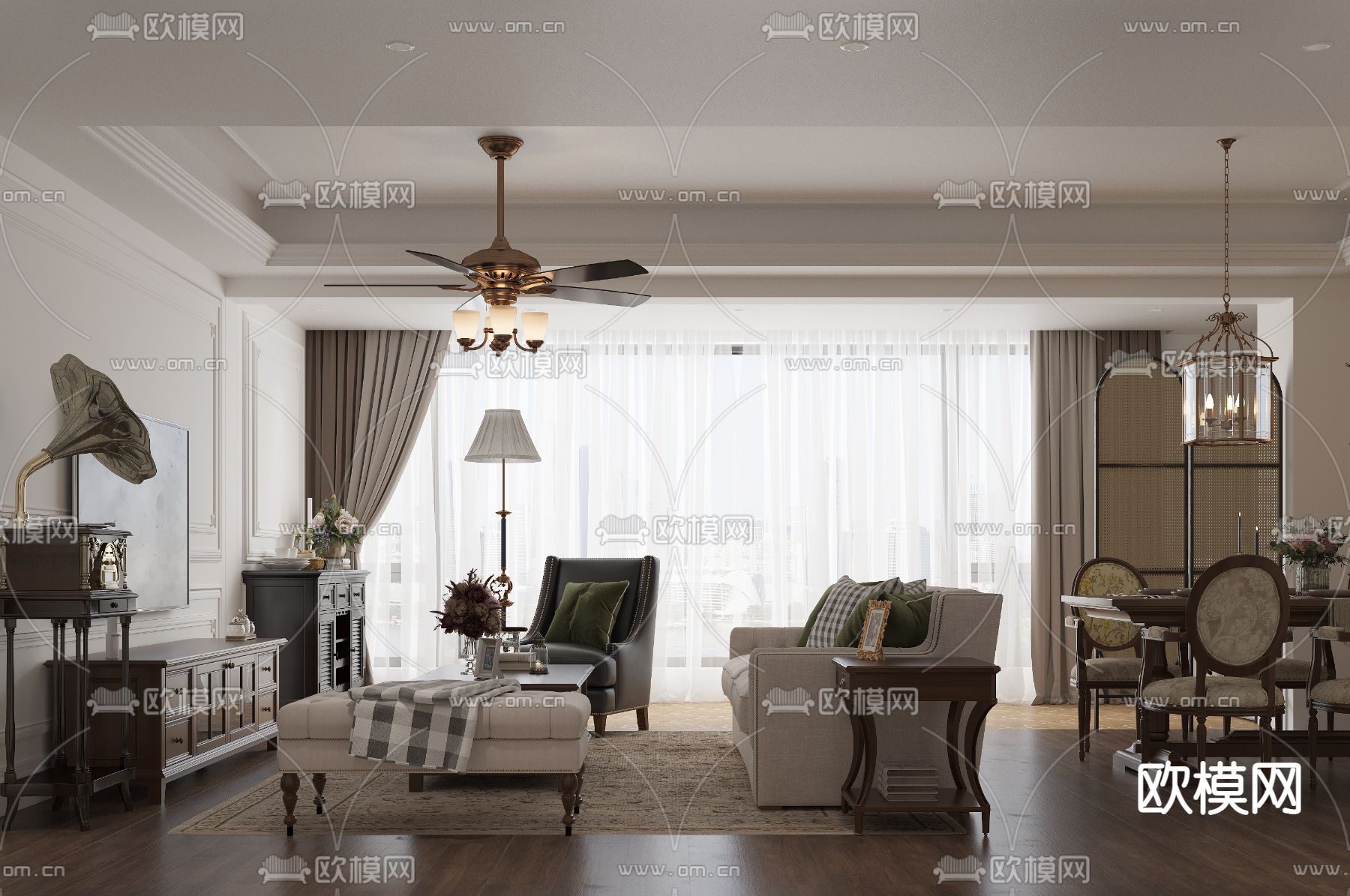 美式客餐厅3d模型下载（渲染图1）