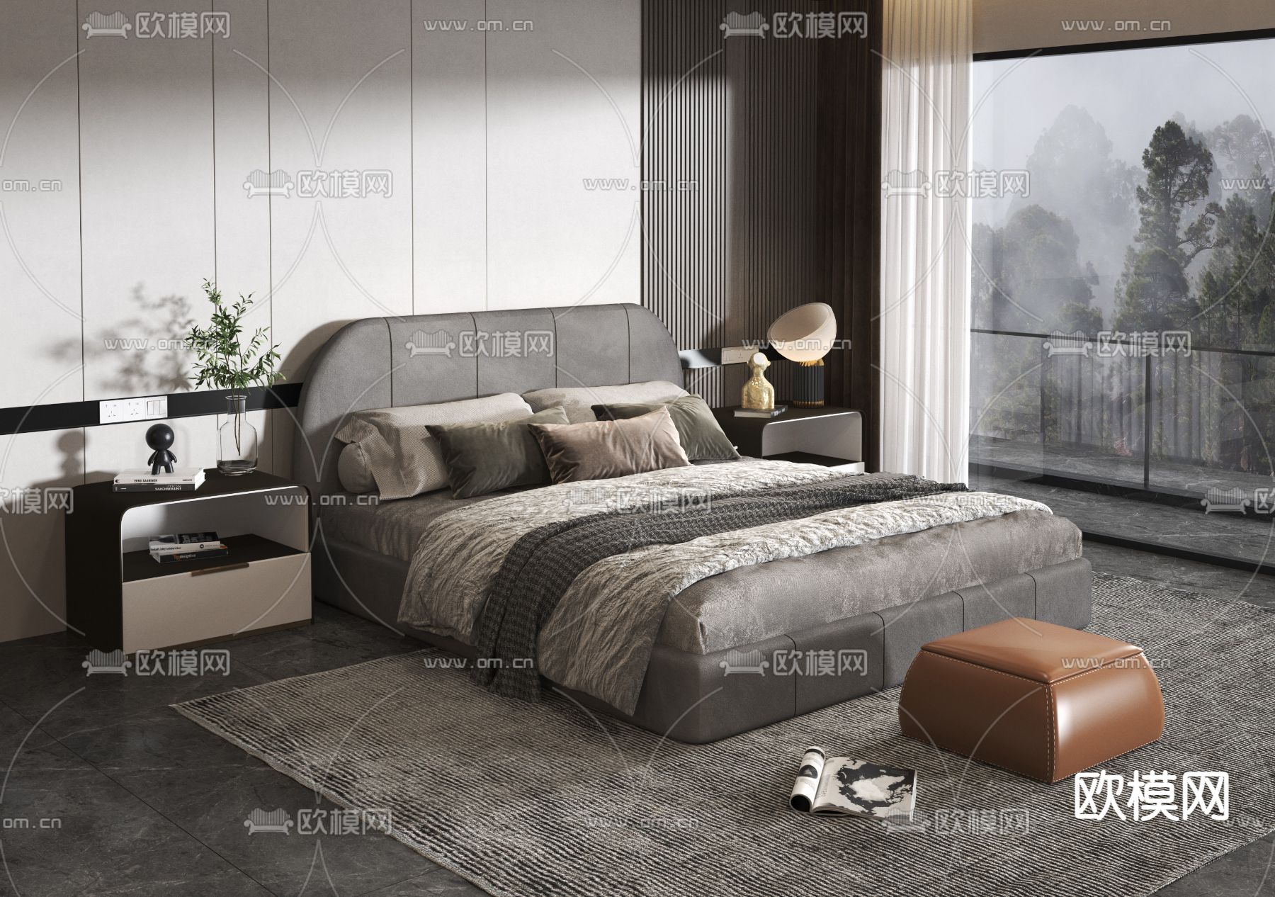 高级灰双人床3d模型下载