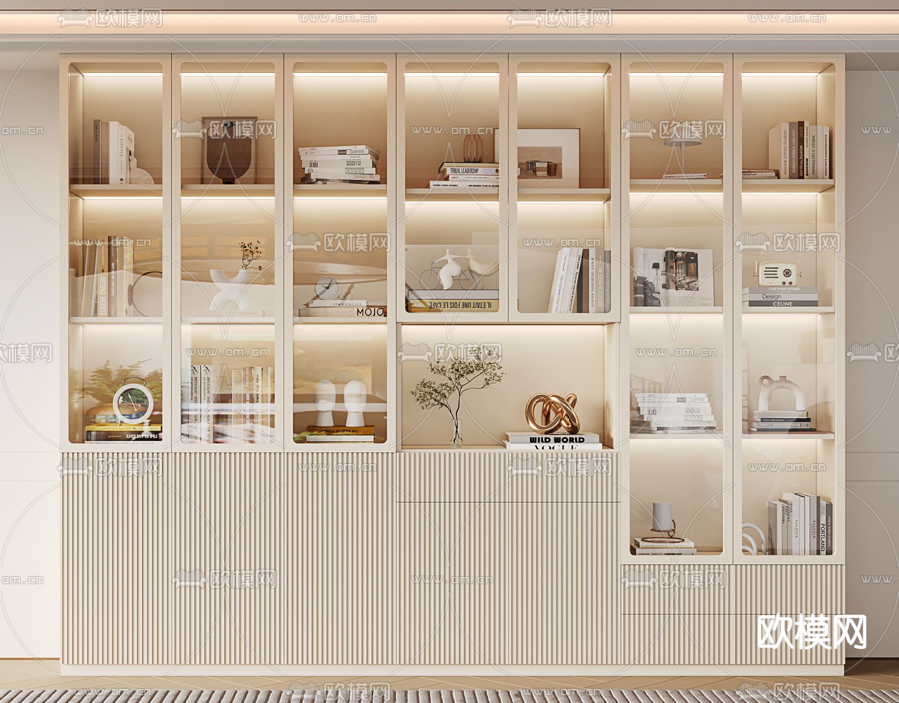奶油风书柜 陈列柜su模型下载（渲染图1）