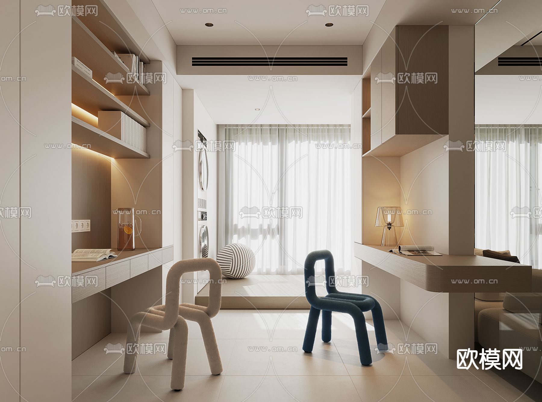 奶油风书房su模型下载（渲染图1）