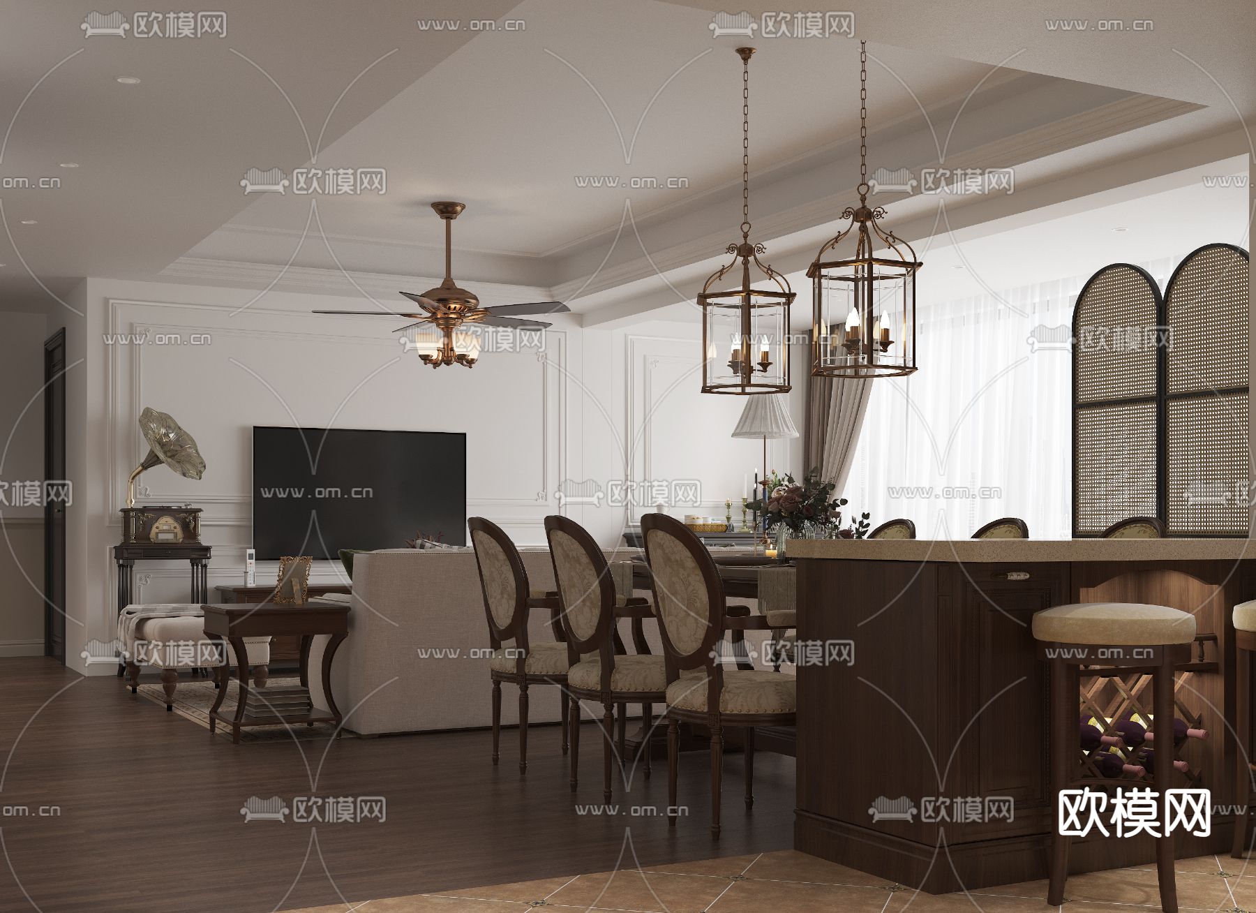 美式客餐厅3d模型下载（渲染图2）