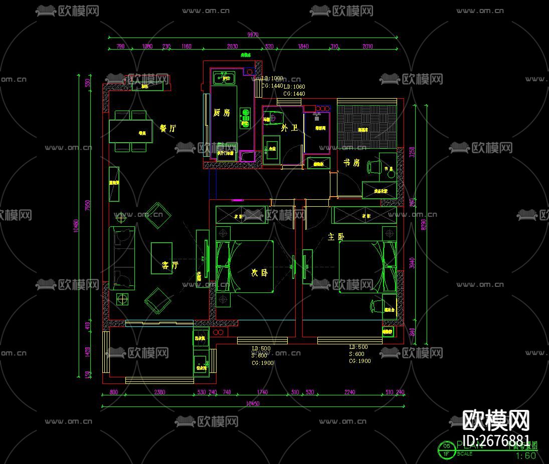 100㎡两室两厅室内家装CAD施工图-免费3dmax模型库-欧模网
