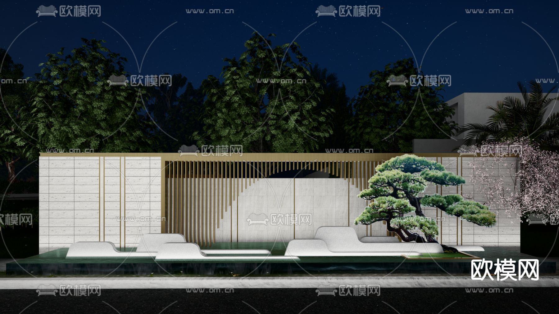 新中式景墙 庭院墙 园艺小品su模型下载（渲染图2）