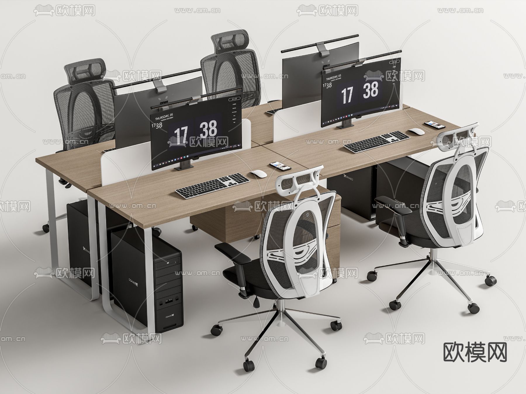 现代办公桌椅卡位su模型下载（渲染图1）