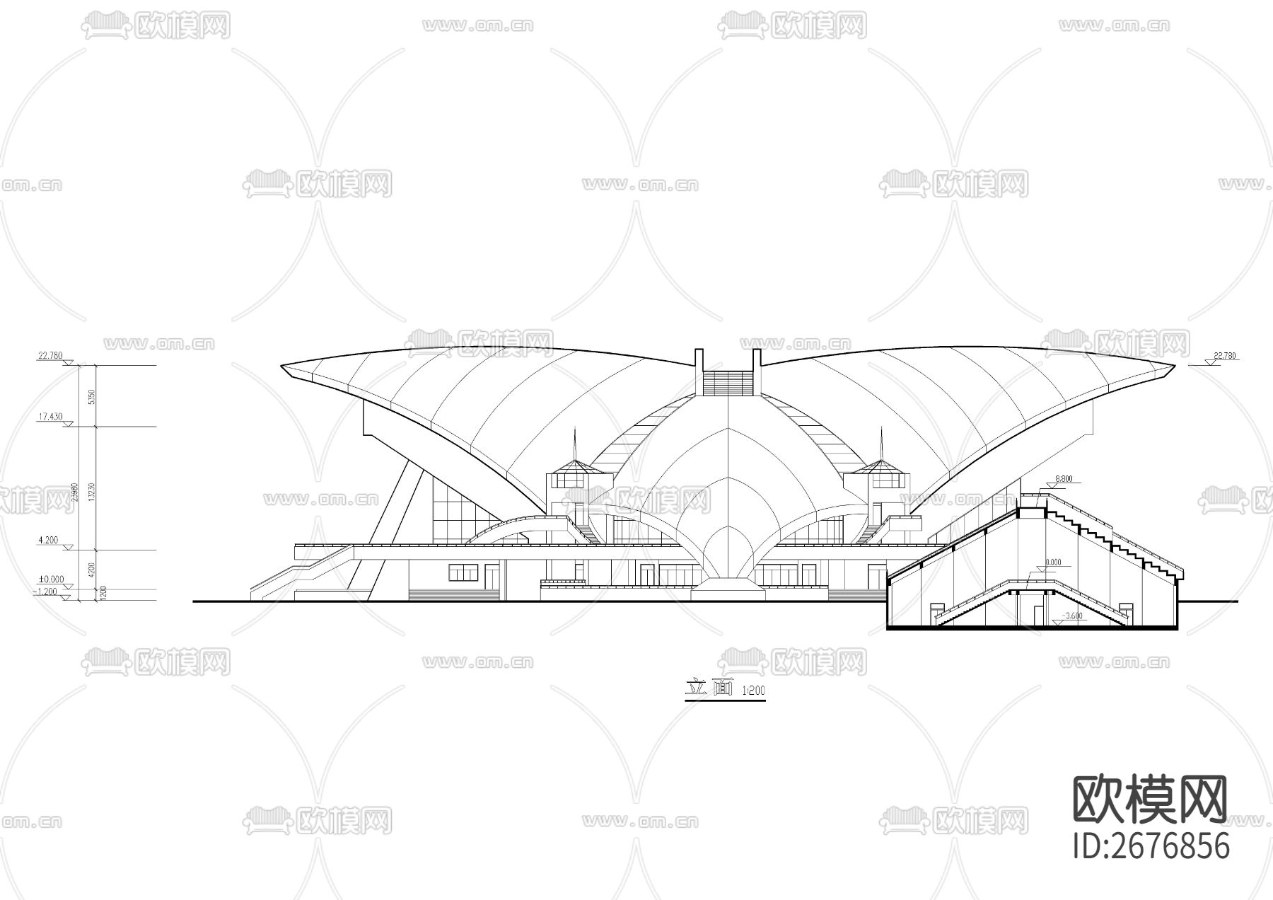 科技建筑CAD立面图下载（渲染图2）