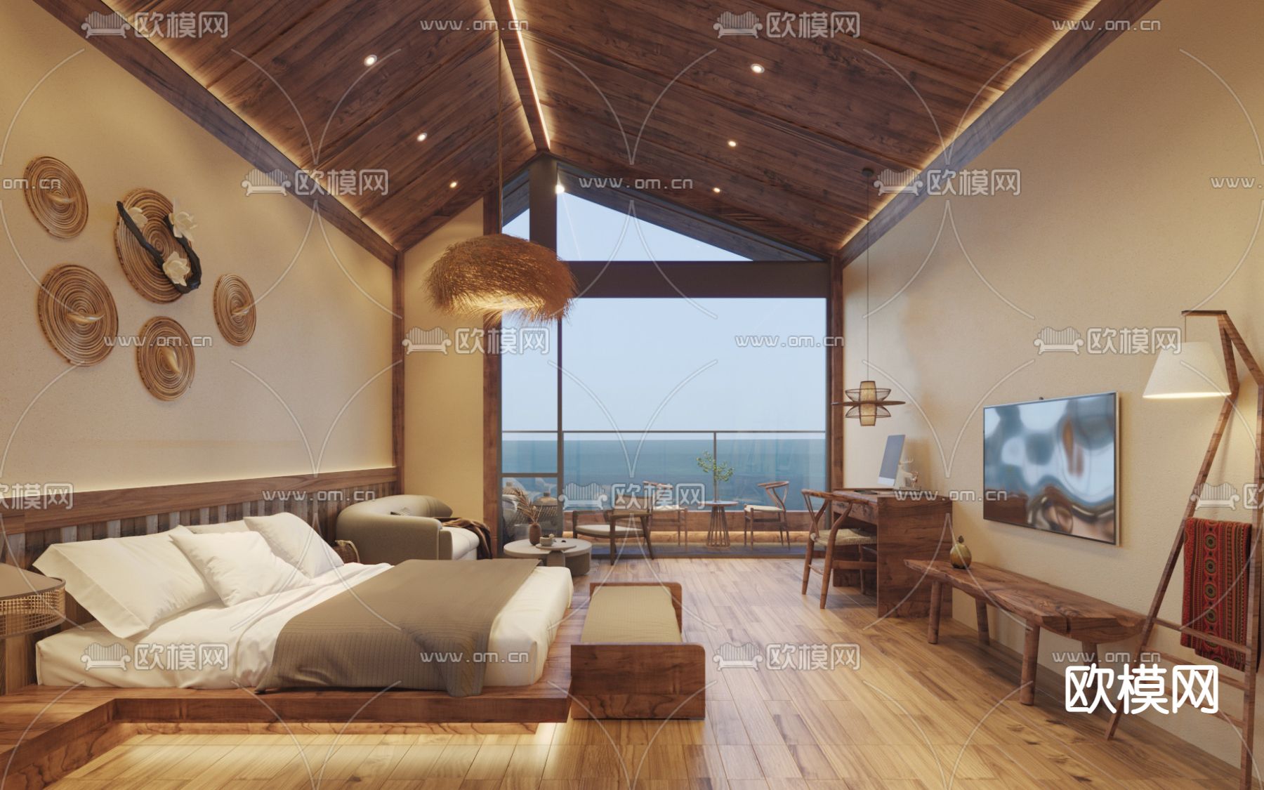 自然风民宿 客房su模型下载（渲染图1）