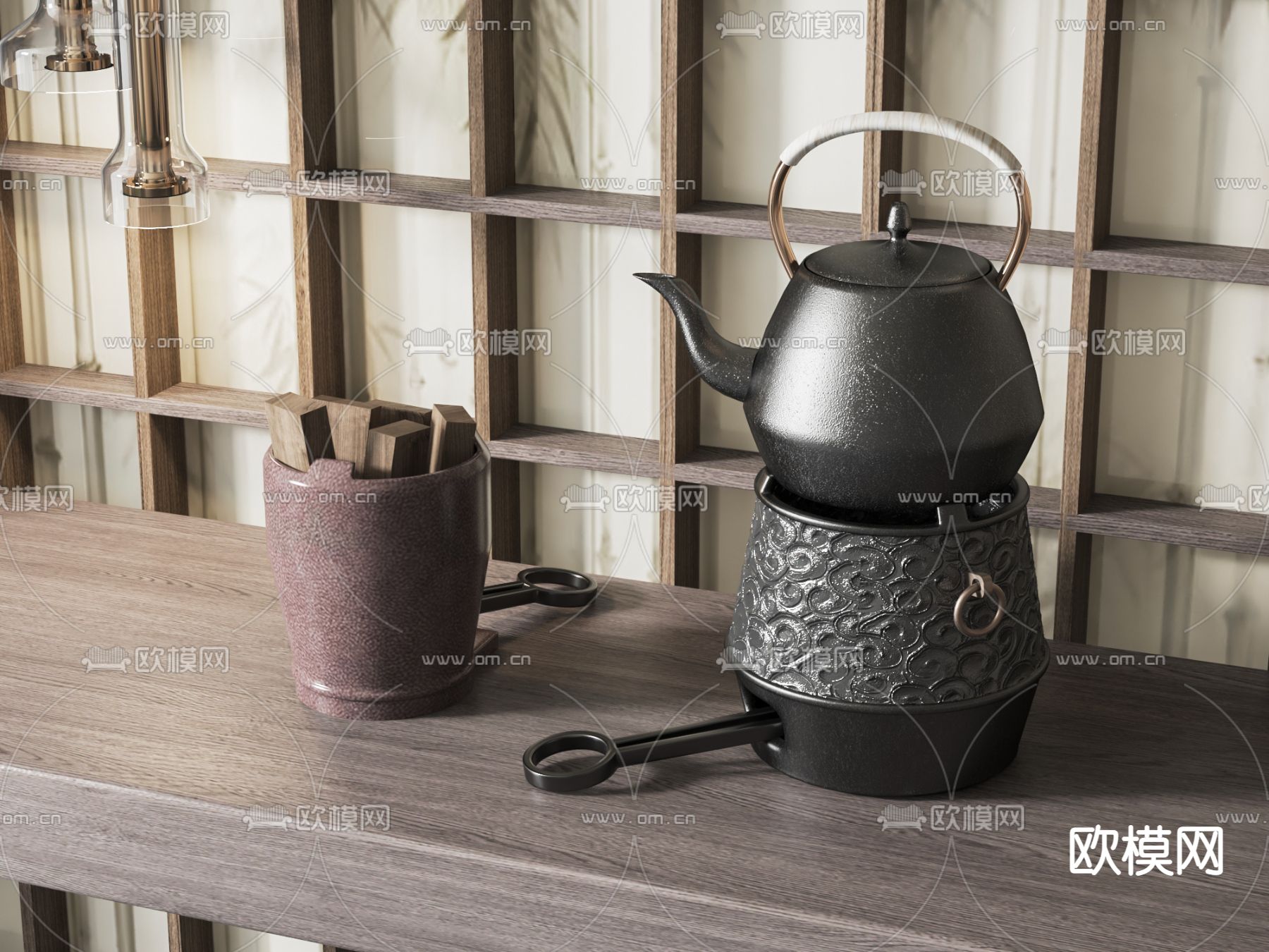 新中式煮茶壶 火炉 柴火su模型下载（渲染图1）