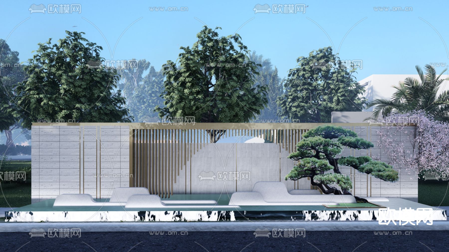 新中式景墙 庭院墙 园艺小品su模型下载（渲染图1）