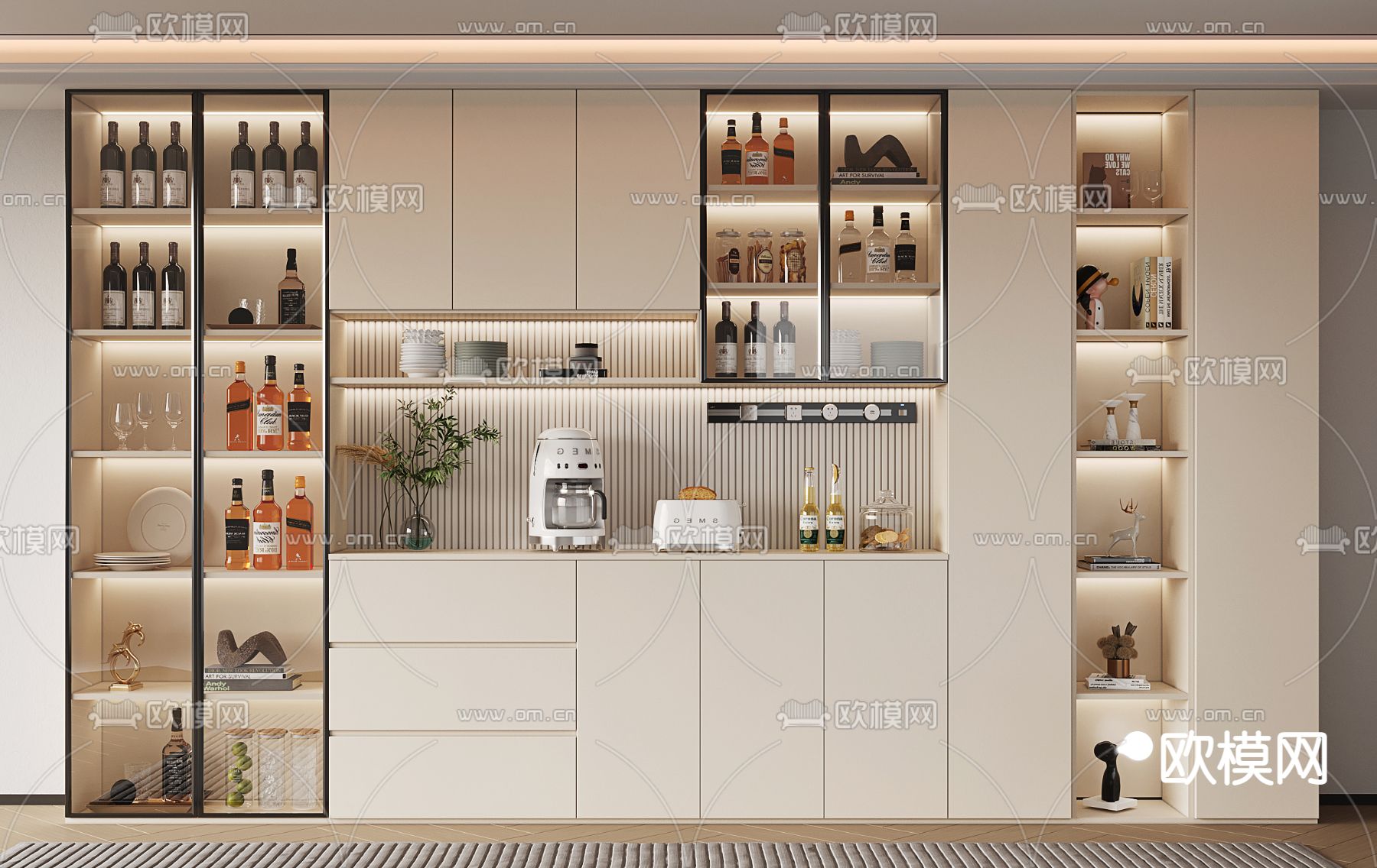 奶油风酒柜3d模型下载