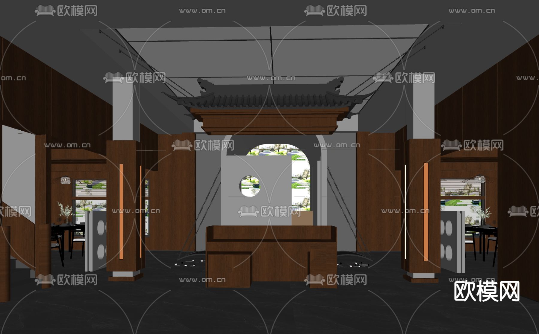 中餐厅 中庭造景su模型下载（渲染图2）
