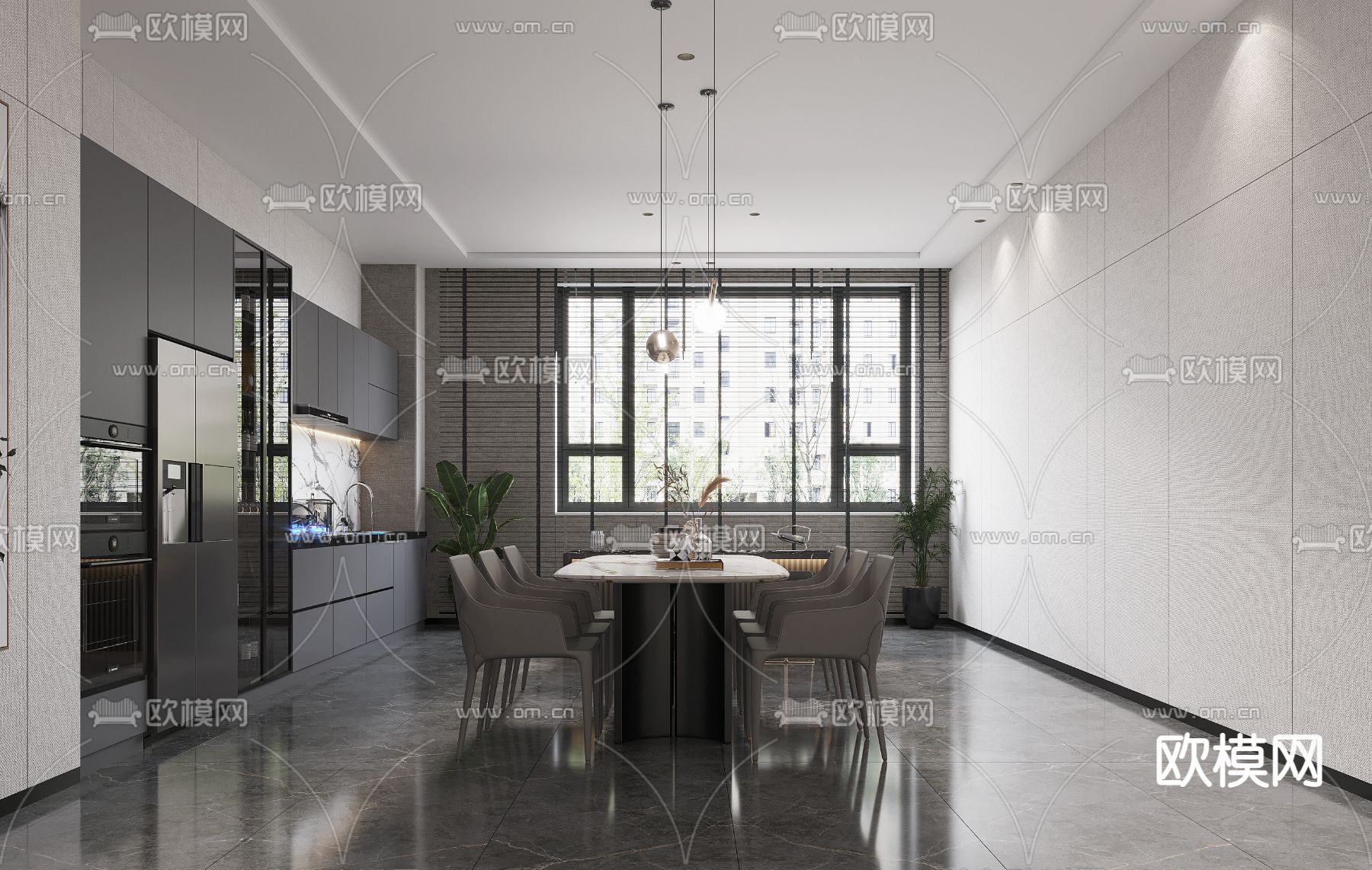 高级灰餐厅3d模型下载（渲染图2）