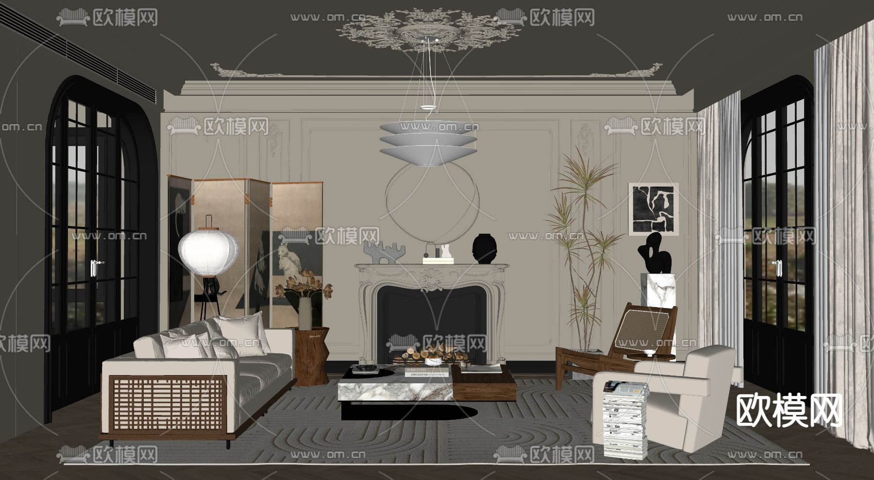 法式客厅su模型下载（渲染图2）