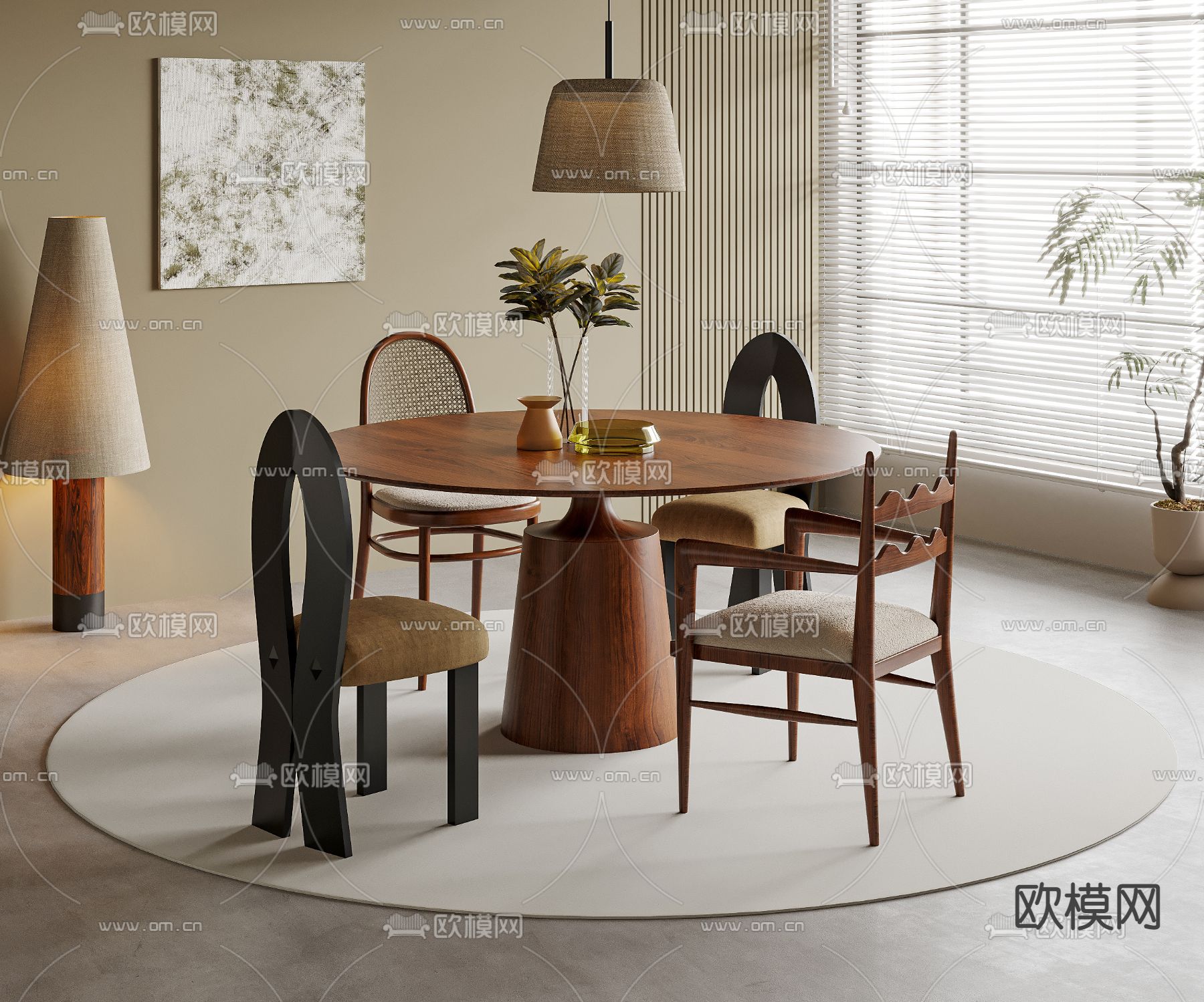中古风餐桌椅3d模型下载