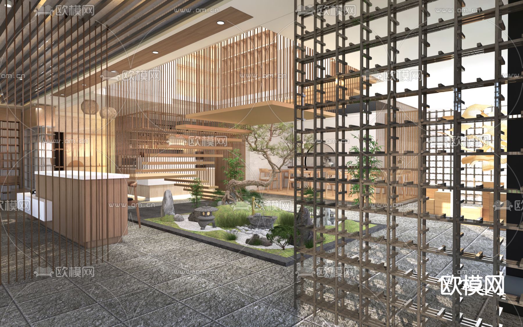 新中式会所中庭su模型下载（渲染图1）