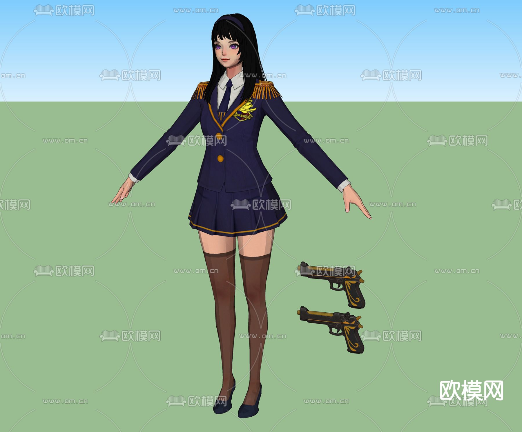动漫人物 双枪美少女 制服美女su模型下载（渲染图2）