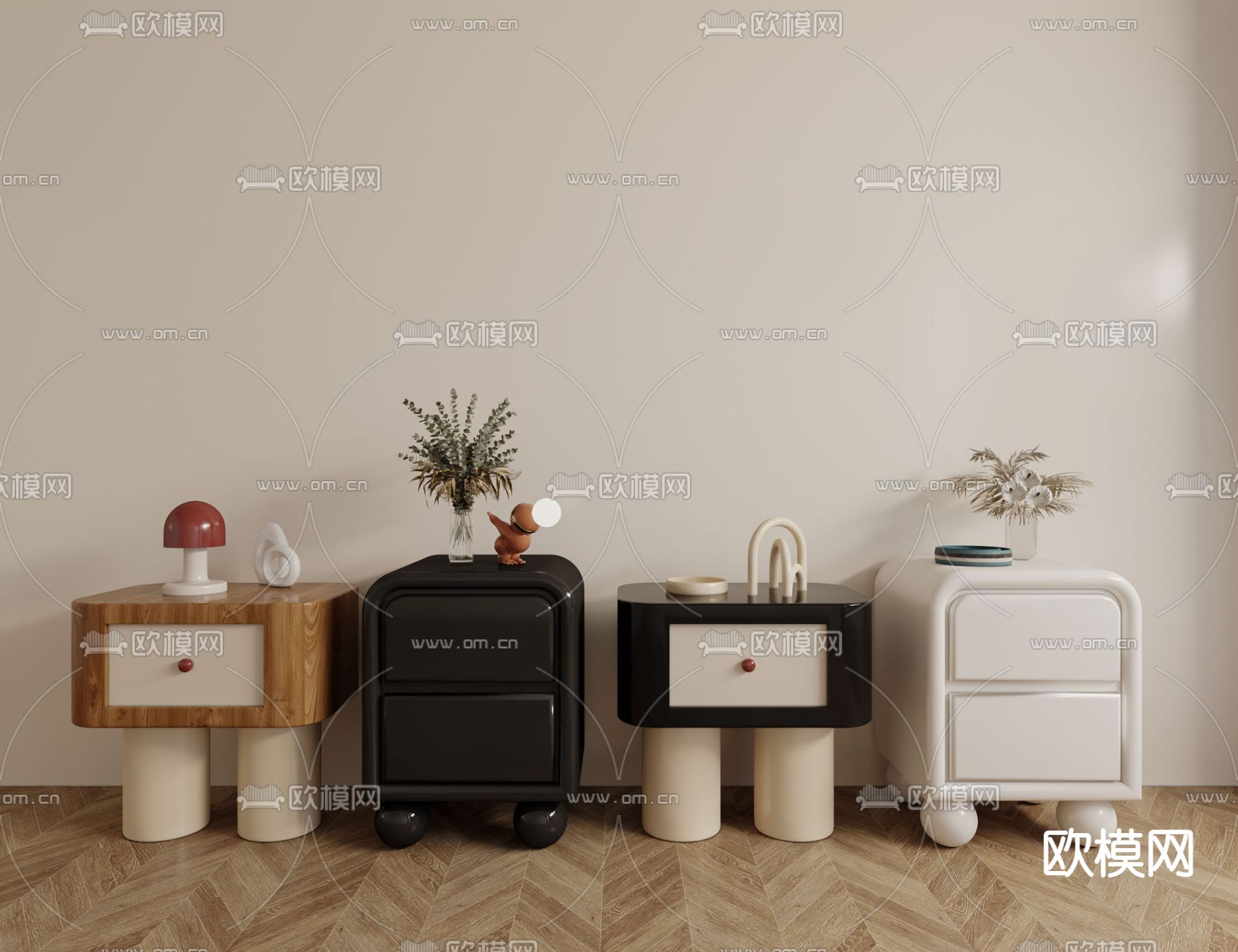 奶油风床头柜3d模型下载