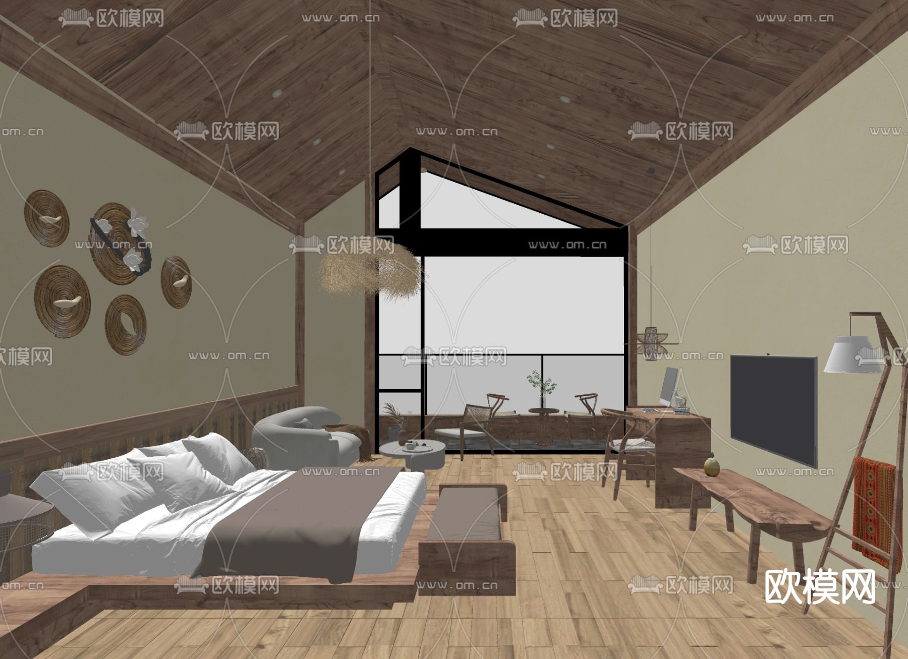 自然风民宿 客房su模型下载（渲染图2）