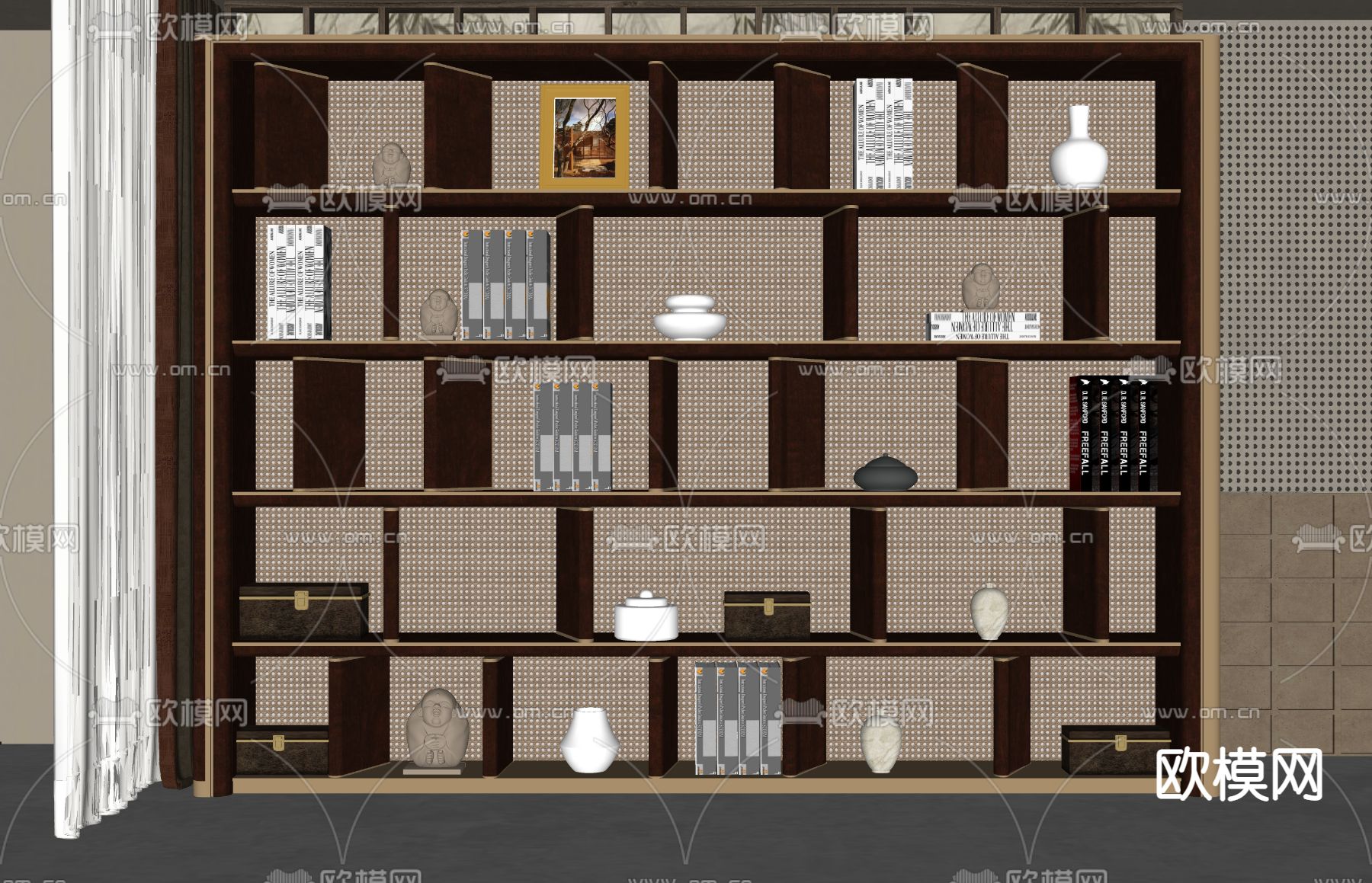 新中式书柜 藤编陈列柜su模型下载（渲染图2）