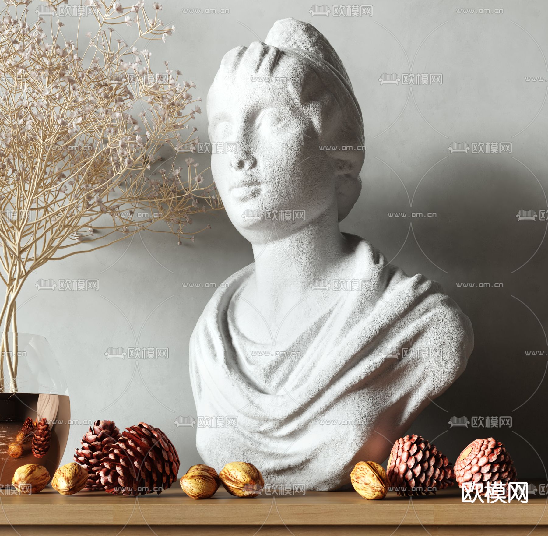 欧式人像雕塑 半身像 石膏像su模型下载（渲染图1）