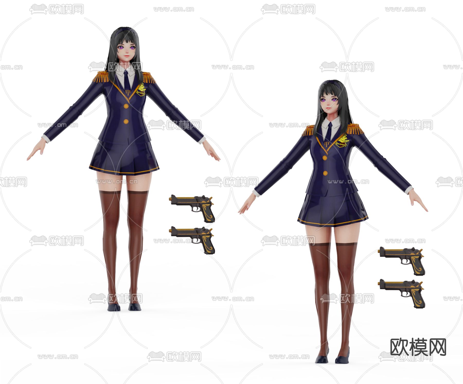 动漫人物 双枪美少女 制服美女su模型下载（渲染图1）