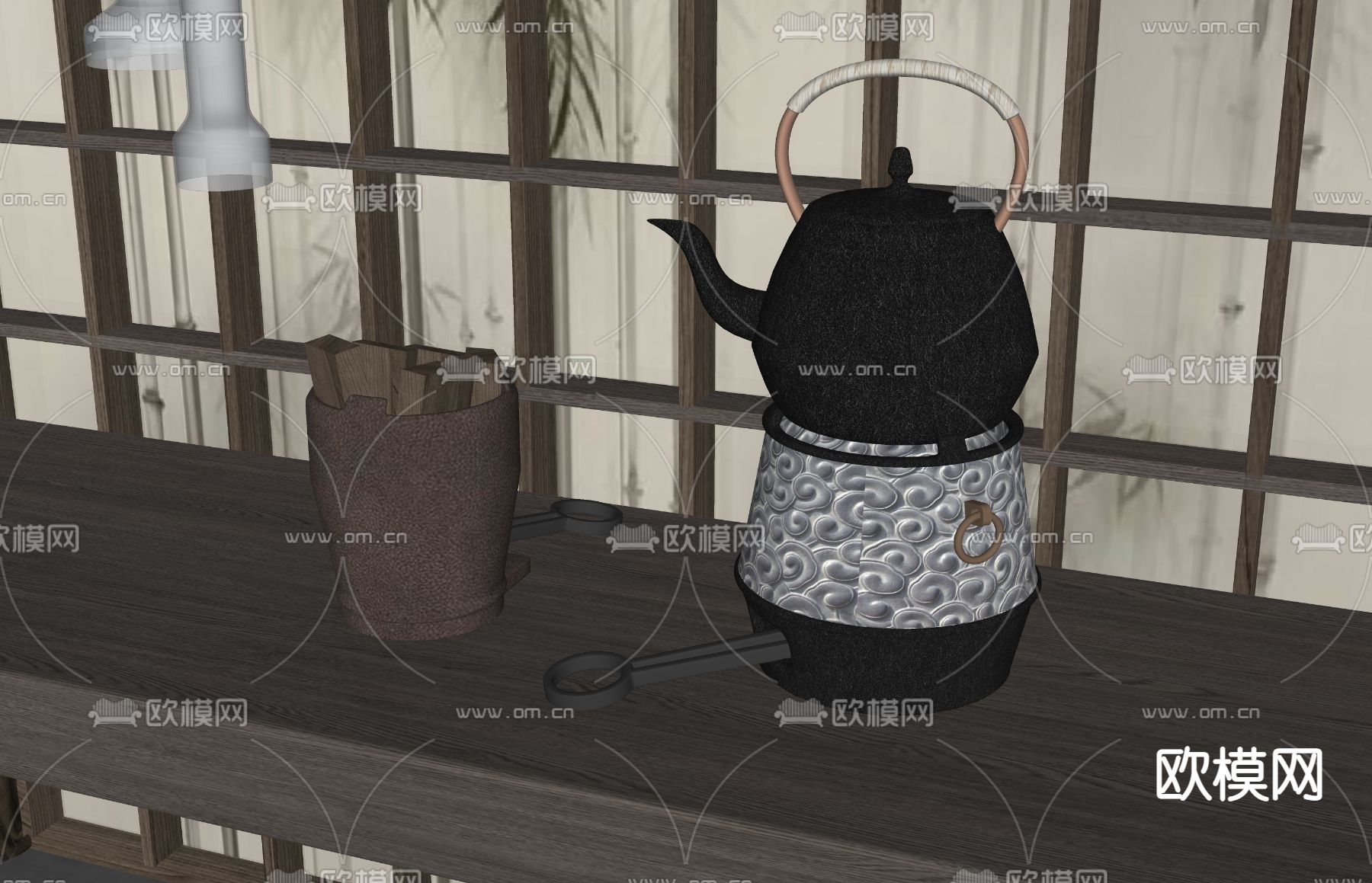 新中式煮茶壶 火炉 柴火su模型下载（渲染图2）