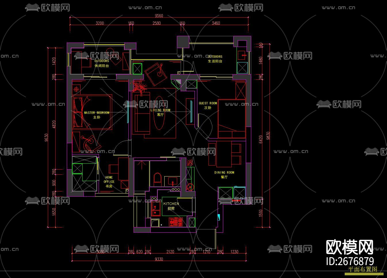 91²两室两厅家装CAD施工图下载（渲染图1）